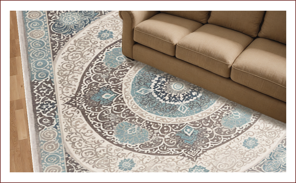 Ultra Soft Area Rug, Non Slip, Stain Resistant, Washable Area Rugs for Living Room, Bedroom, Boho Transitional Damask(Beige) - ODIKA