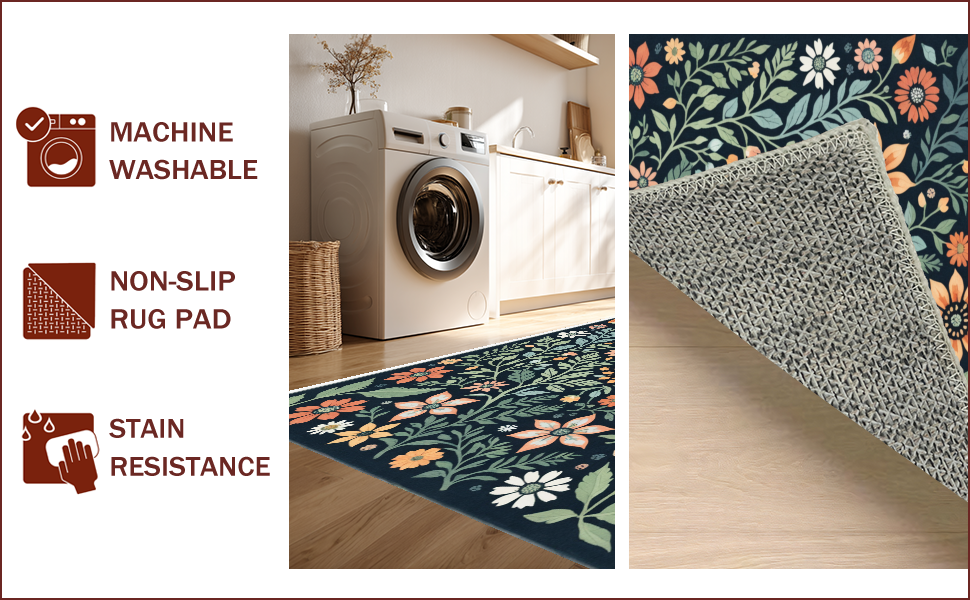 Ultra Soft Area Rug, Non Slip, Stain Resistant, Washable Area Rugs for Living Room, Bedroom, Boho Botanical Non-Slip Dining Room(Black) - ODIKA