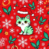 Whimsical Cat in Santa Hat with Snowflake and Holiday Ornament Design(Red)