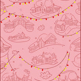 Holiday Village Cat Scene Featuring String Lights and Snow(Pink)