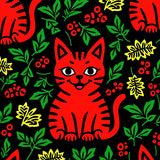 Cheerful Cat And Holly Berry With Festive Interlocking(Red)