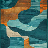 Artistic Abstract Area Rug With Deep Teal And Burnt Orange Flowing Design(Blue)