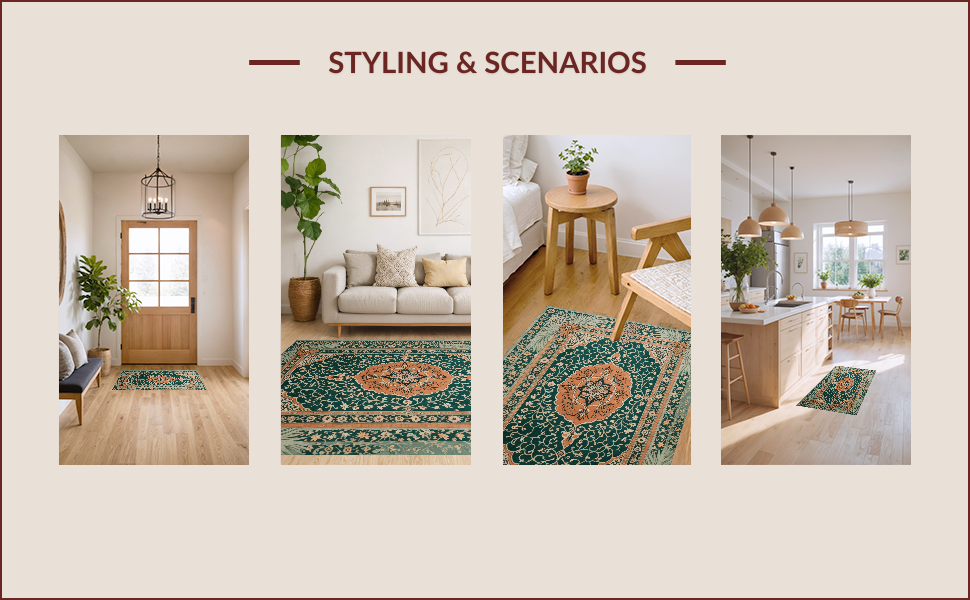 Ultra Soft Area Rug, Non Slip, Stain Resistant, Washable Area Rugs for Living Room, Bedroom, Boho Vintage Soft Non-Slip Living Room(Green) - ODIKA