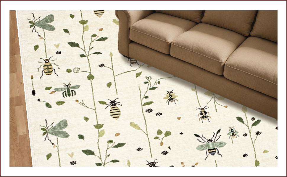 Ultra Soft Area Rug, Non Slip, Stain Resistant, Washable Area Rugs for Living Room, Bedroom, Insect Print Low Pile(Ivory) - ODIKA