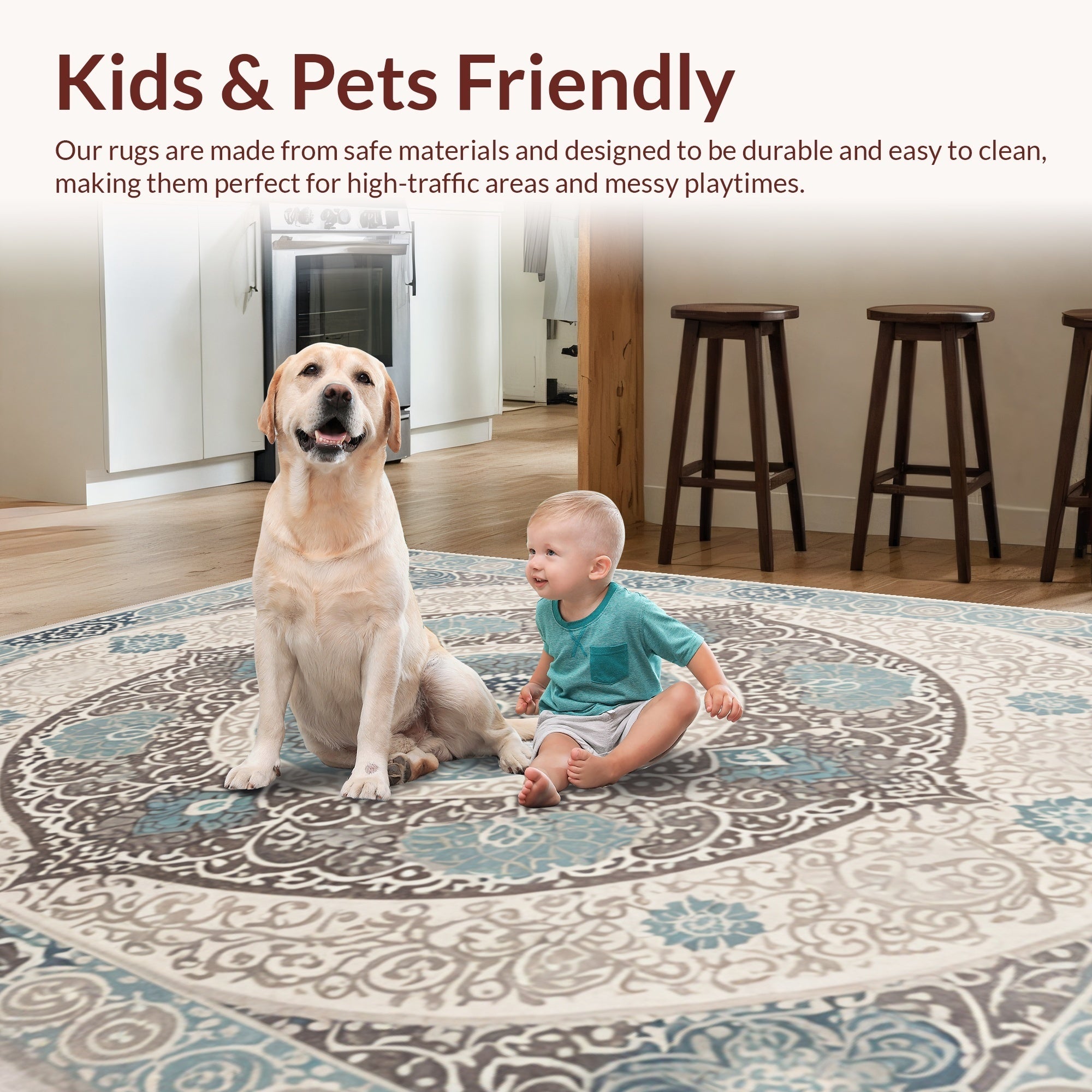 Ultra Soft Area Rug, Non Slip, Stain Resistant, Washable Area Rugs for Living Room, Bedroom, Boho Transitional Damask(Beige) - ODIKA