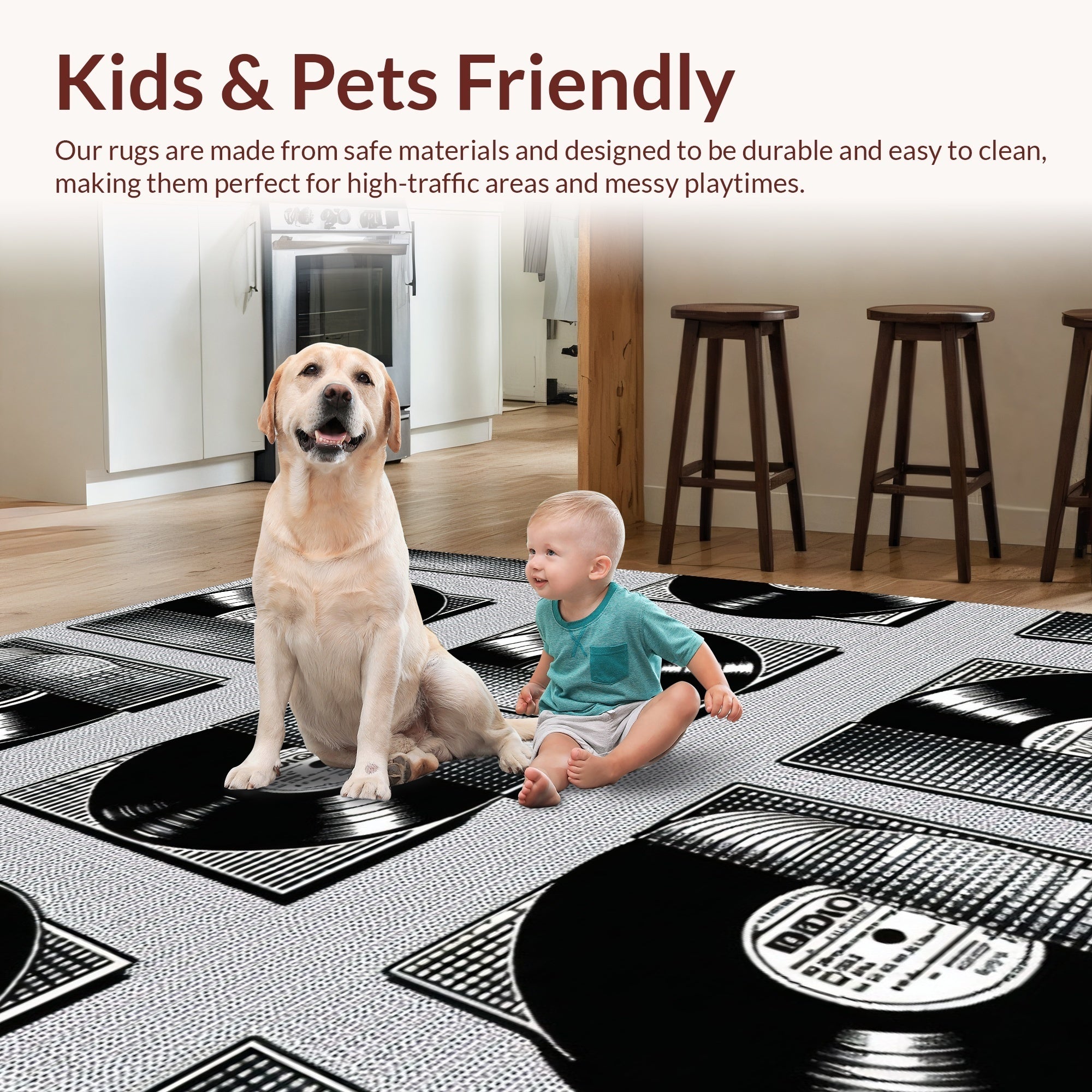 Ultra Soft Area Rug, Non Slip, Stain Resistant, Washable Area Rugs for Living Room, Bedroom, Retro Music Room Non-Slip Rug(Black) - ODIKA