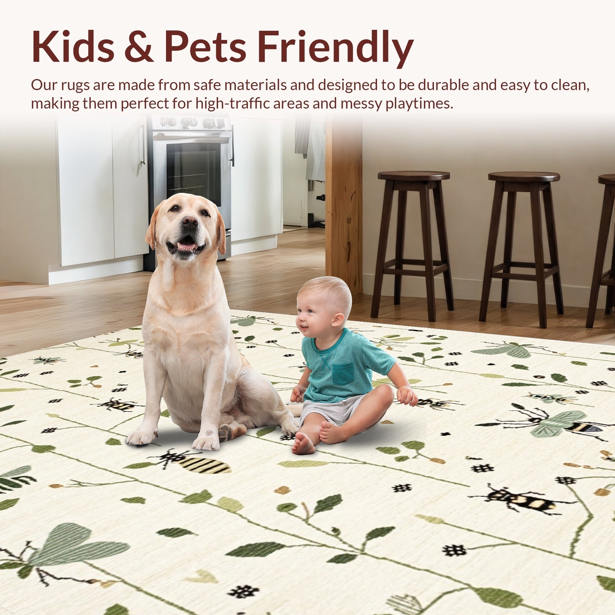 Ultra Soft Area Rug, Non Slip, Stain Resistant, Washable Area Rugs for Living Room, Bedroom, Insect Print Low Pile(Ivory) - ODIKA