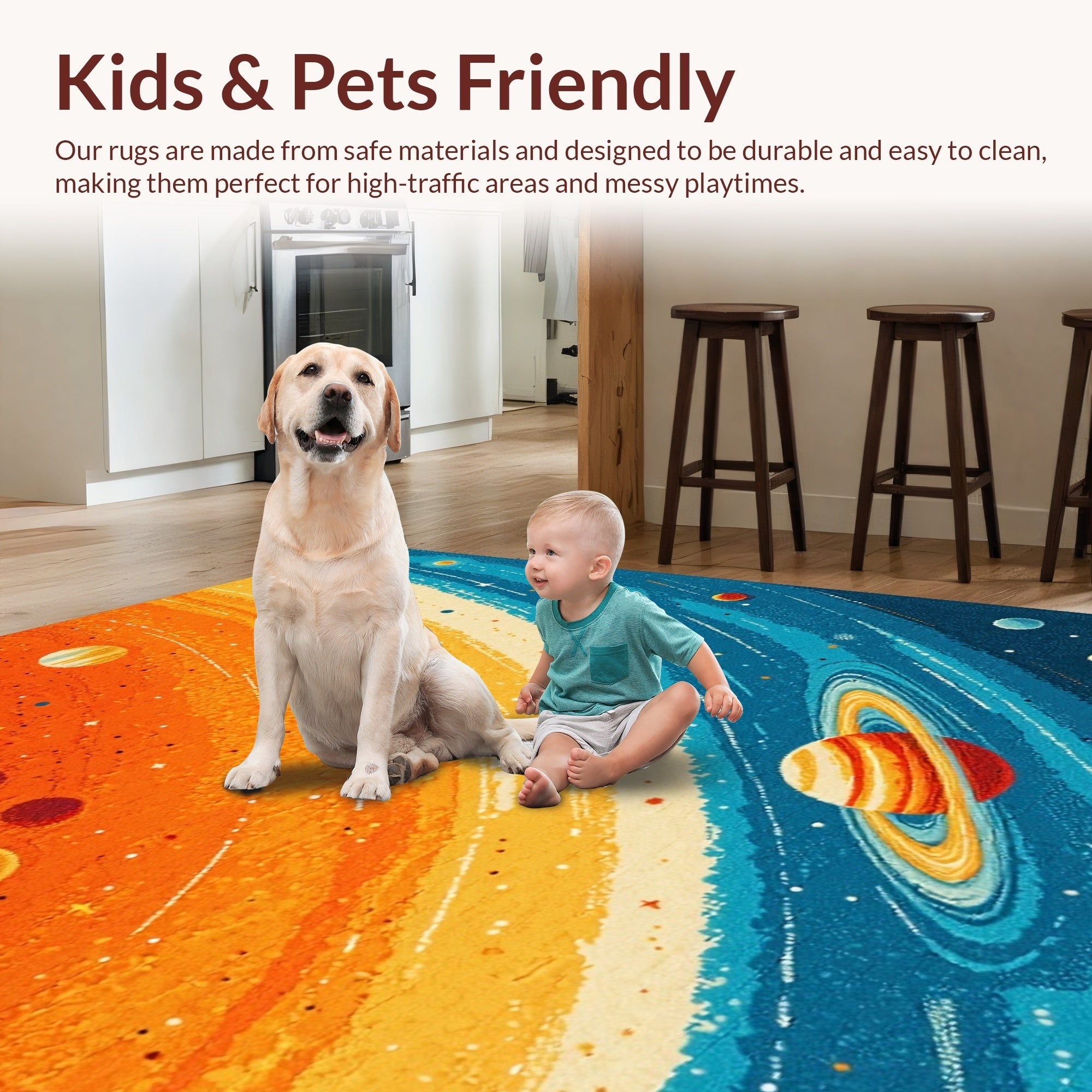 Ultra Soft Area Rug, Non Slip, Stain Resistant, Washable Area Rugs for Living Room, Bedroom, Solar System Kids Learning(Orange) - ODIKA