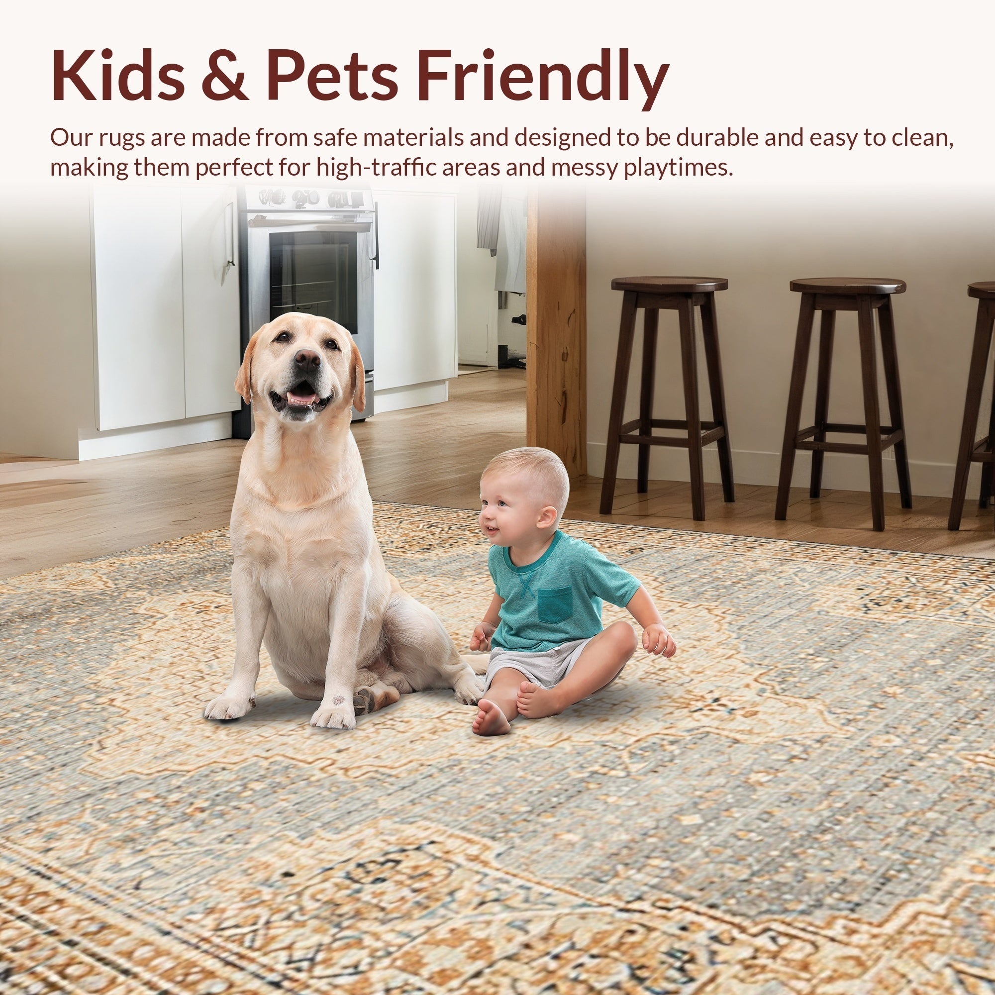 Ultra Soft Area Rug, Non Slip, Stain Resistant, Washable Area Rugs for Living Room, Bedroom, Handmade Distressed Wool Viscose(Beige) - ODIKA