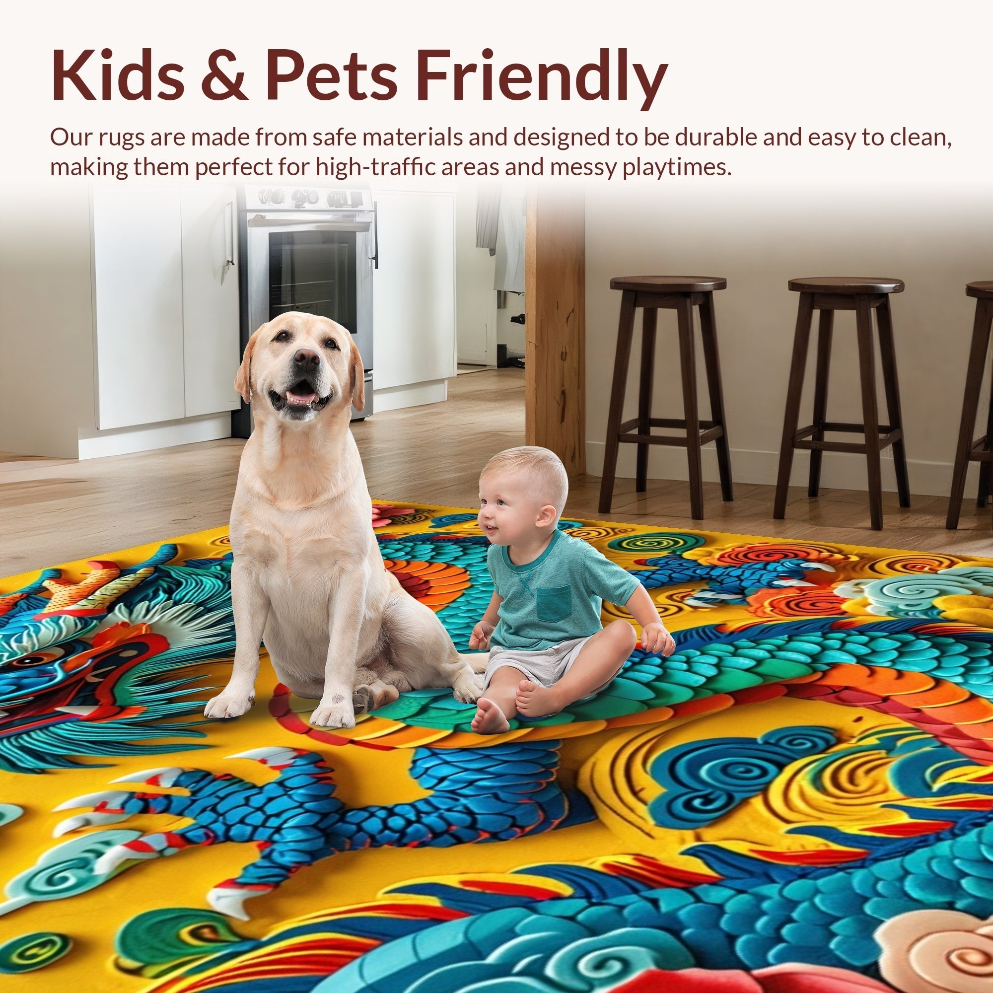 Ultra Soft Area Rug, Non Slip, Stain Resistant, Washable Area Rugs for Living Room, Bedroom, Fantasy Dragon Castle(Yellow) - ODIKA