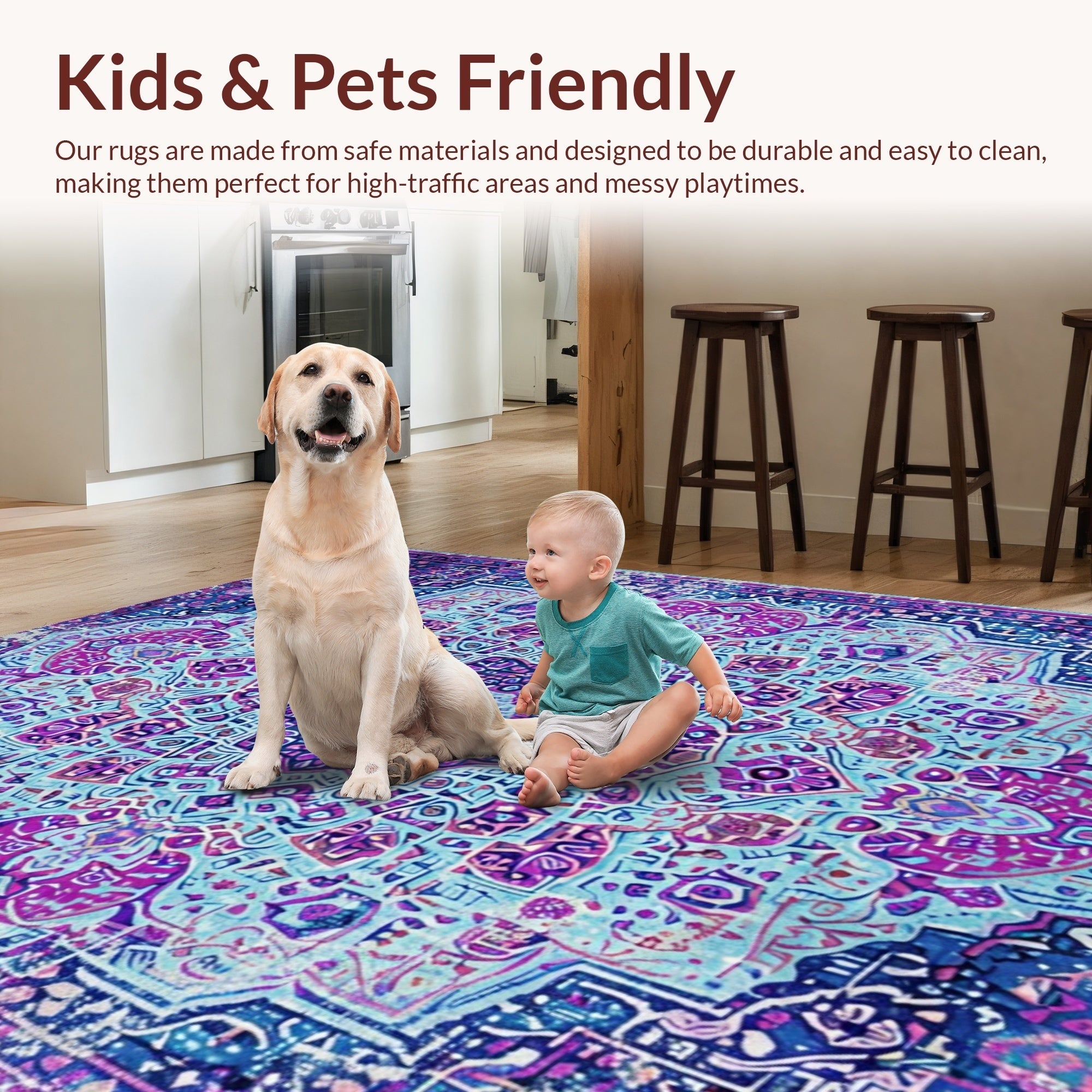 Ultra Soft Area Rug, Non Slip, Stain Resistant, Washable Area Rugs for Living Room, Bedroom, Boho Chic Distressed Living Room Rug(Blue) - ODIKA