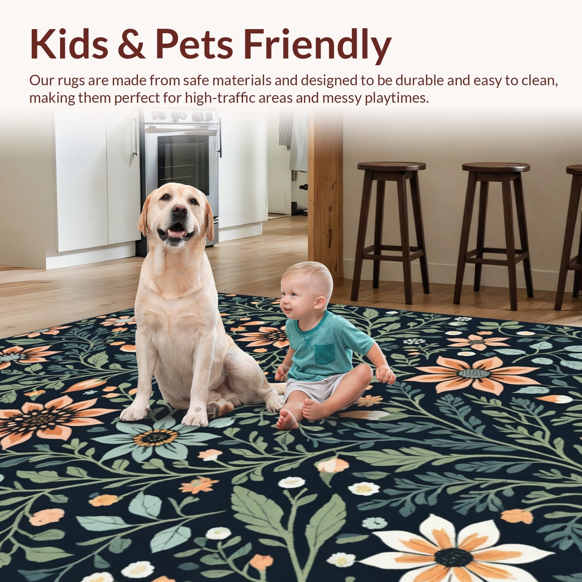 Ultra Soft Area Rug, Non Slip, Stain Resistant, Washable Area Rugs for Living Room, Bedroom, Boho Botanical Non-Slip Living Room(Black) - ODIKA