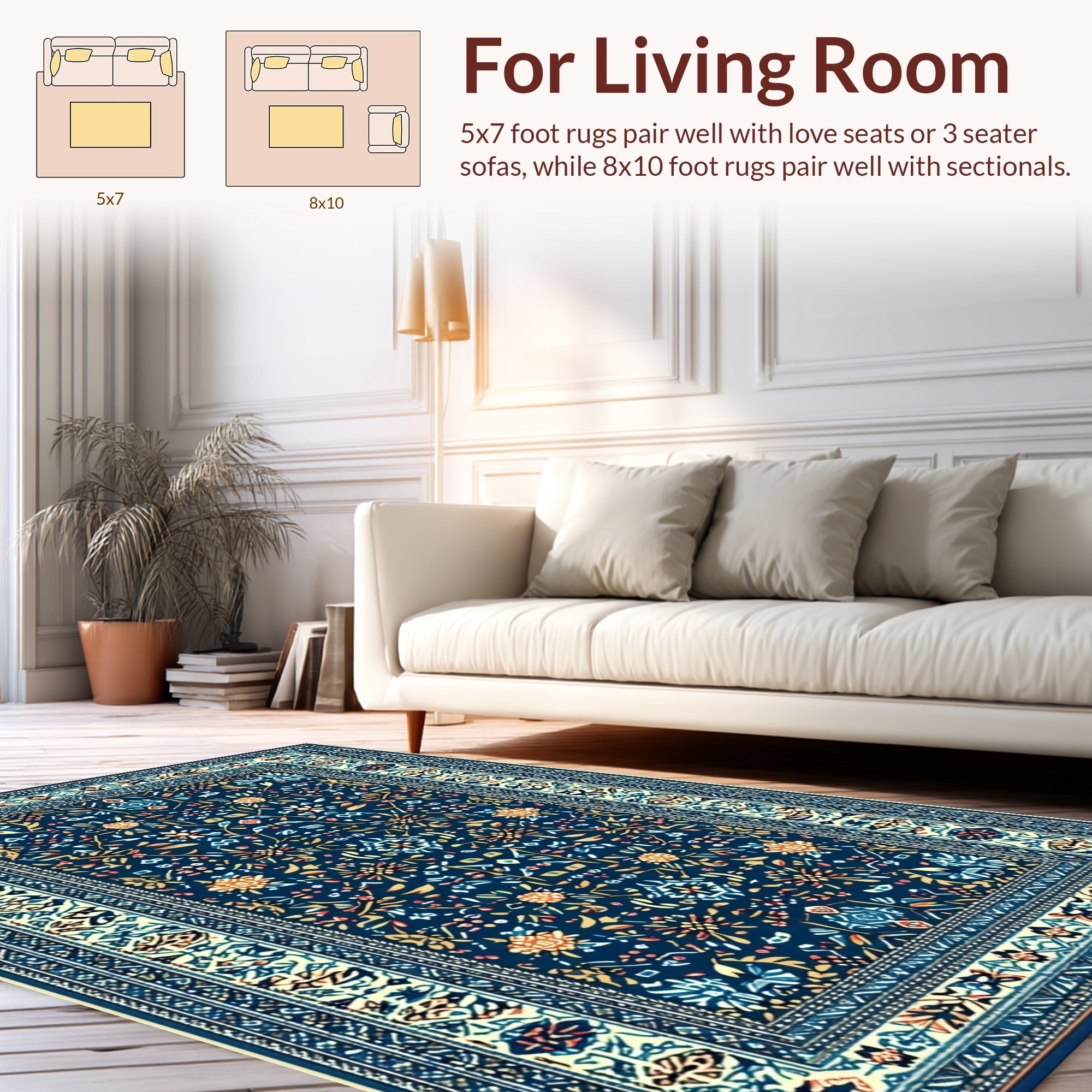 Ultra Soft Area Rug, Non Slip, Stain Resistant, Washable Area Rugs for Living Room, Bedroom, Vintage Boho Oriental Jungle(Blue) - ODIKA
