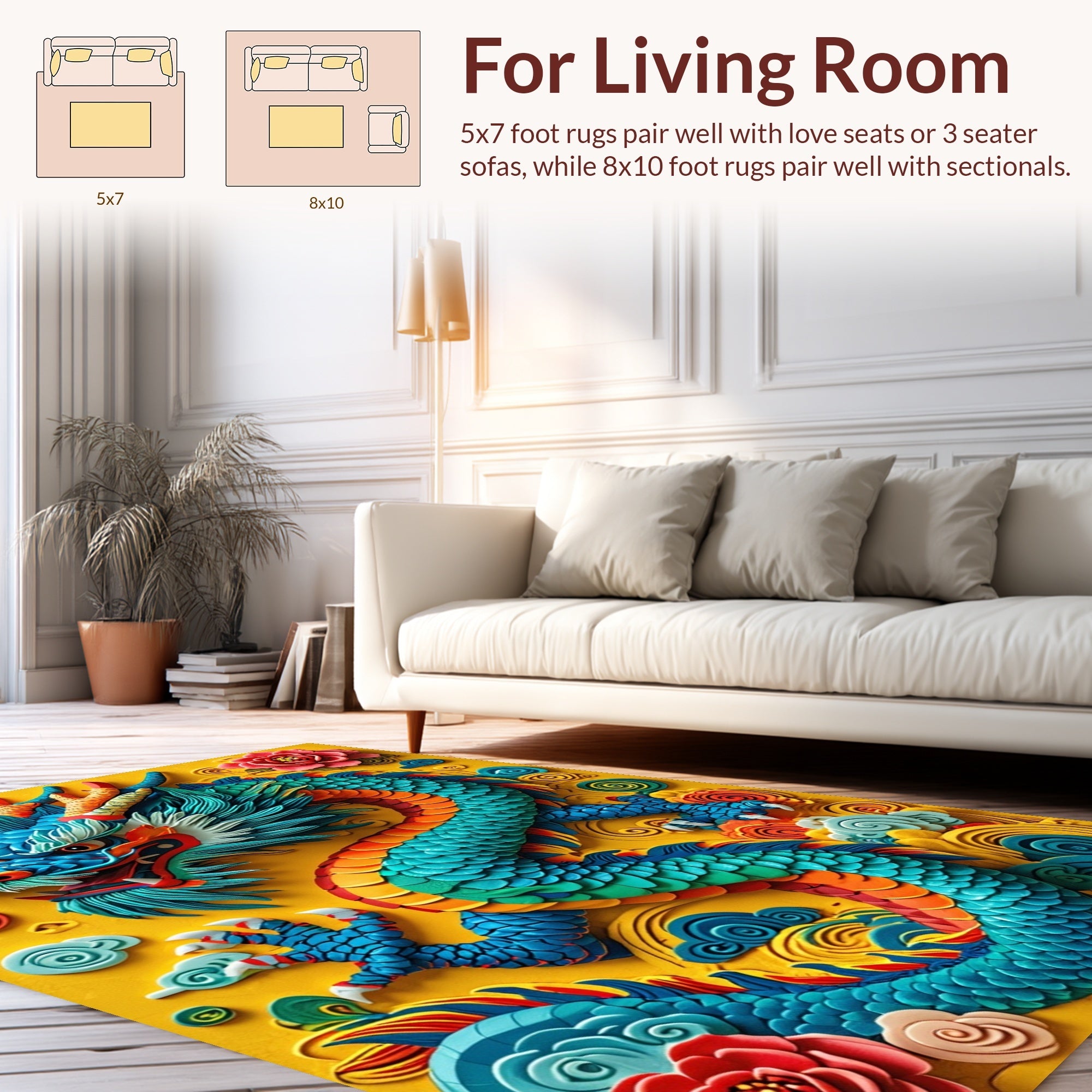Ultra Soft Area Rug, Non Slip, Stain Resistant, Washable Area Rugs for Living Room, Bedroom, Fantasy Dragon Castle(Yellow) - ODIKA