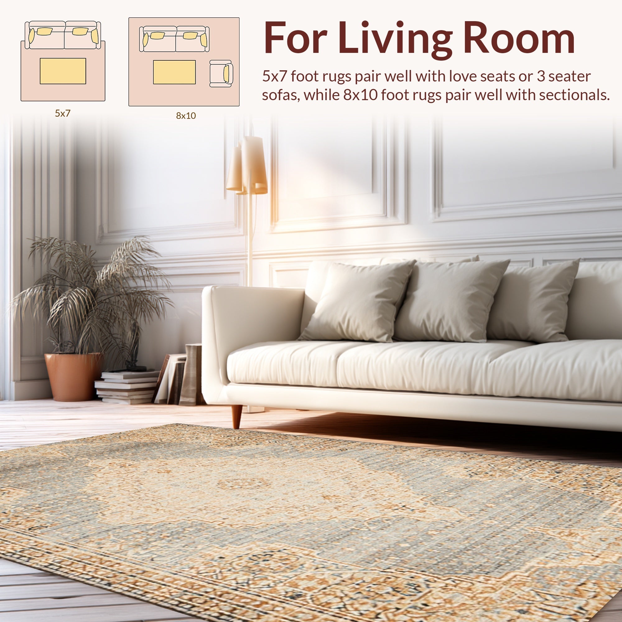 Ultra Soft Area Rug, Non Slip, Stain Resistant, Washable Area Rugs for Living Room, Bedroom, Handmade Distressed Wool Viscose(Beige) - ODIKA