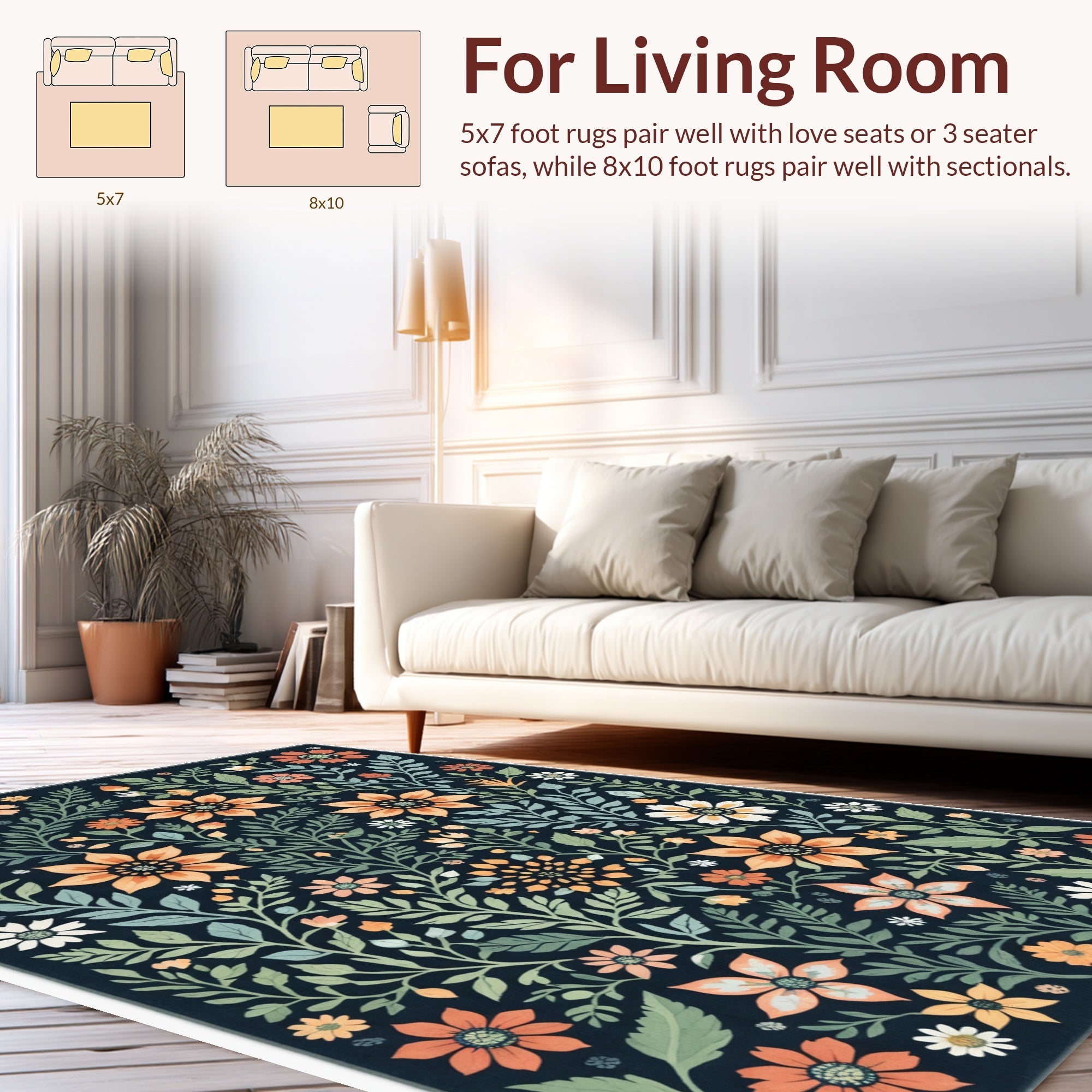 Ultra Soft Area Rug, Non Slip, Stain Resistant, Washable Area Rugs for Living Room, Bedroom, Boho Botanical Non-Slip Dining Room(Black) - ODIKA