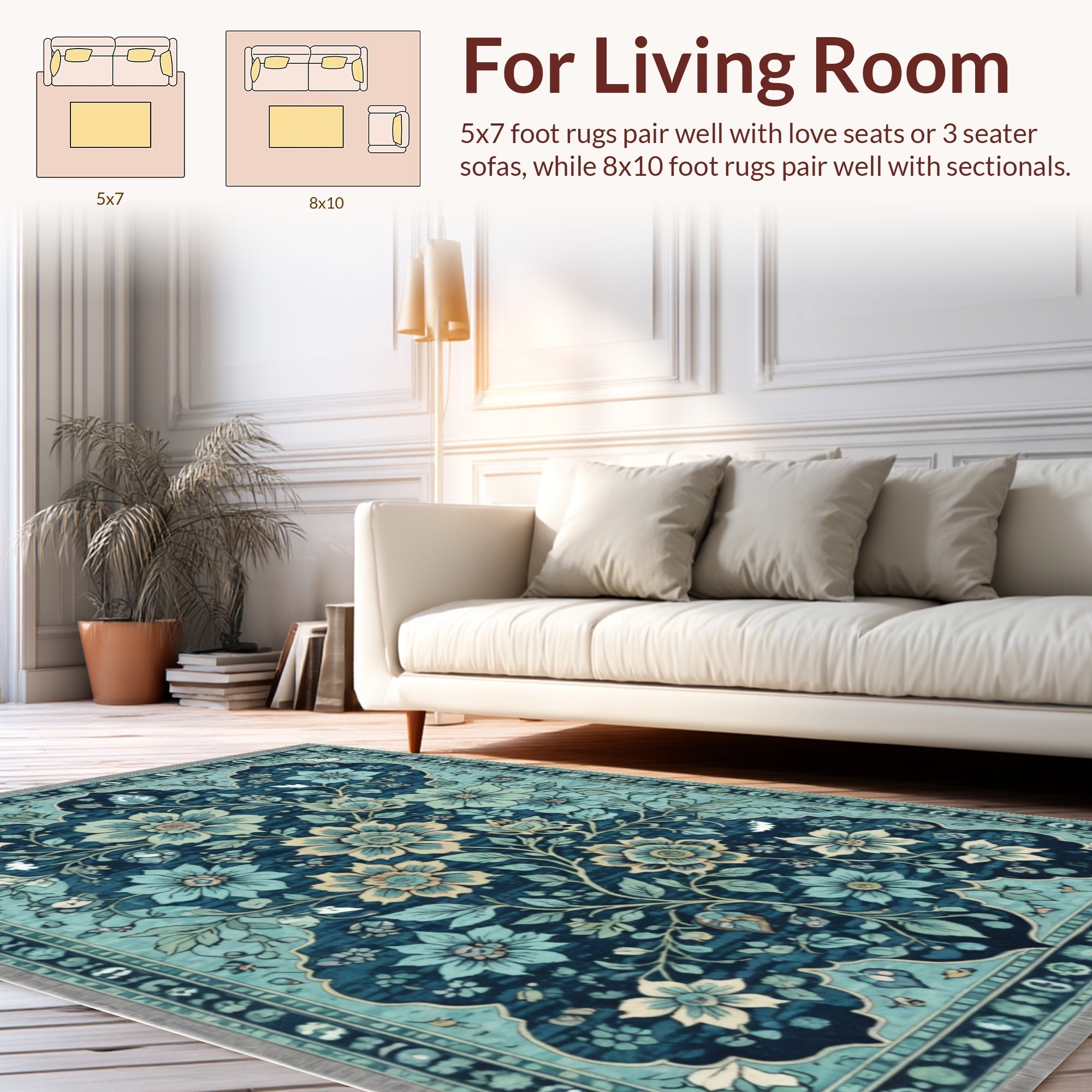 Ultra Soft Area Rug, Non Slip, Stain Resistant, Washable Area Rugs for Living Room, Bedroom, Vintage Floral Non-Slip Living Room(Blue) - ODIKA