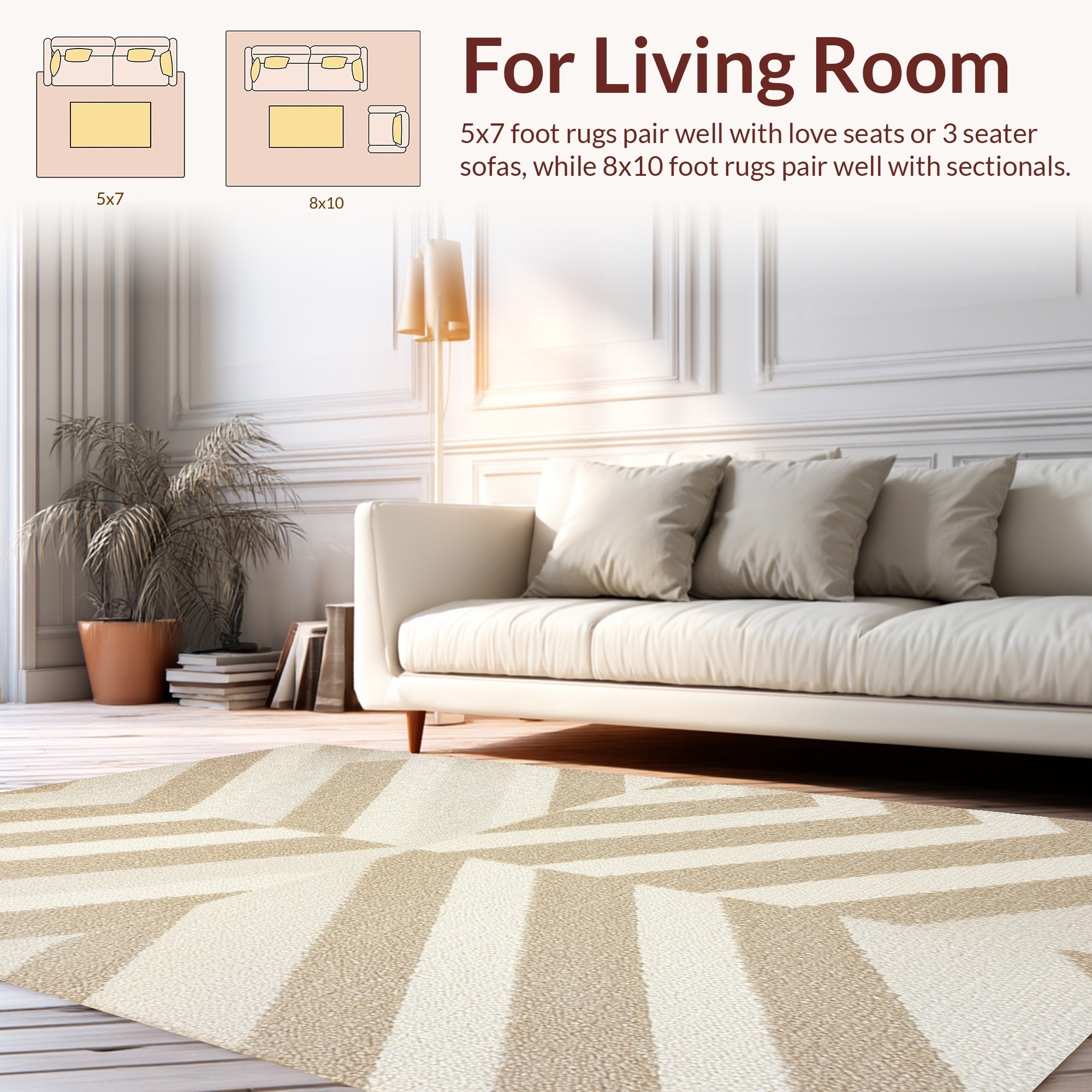 Ultra Soft Area Rug, Non Slip, Stain Resistant, Washable Area Rugs for Living Room, Bedroom, Handmade Chevron Wool(Beige) - ODIKA