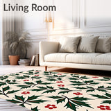 Merry Holly Berry Botanical Christmas Floor Covering with Leaf Accents(Ivory)