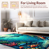 Nautical Shark Design Area Rug with Intricate Ocean Life Patterns(Blue)