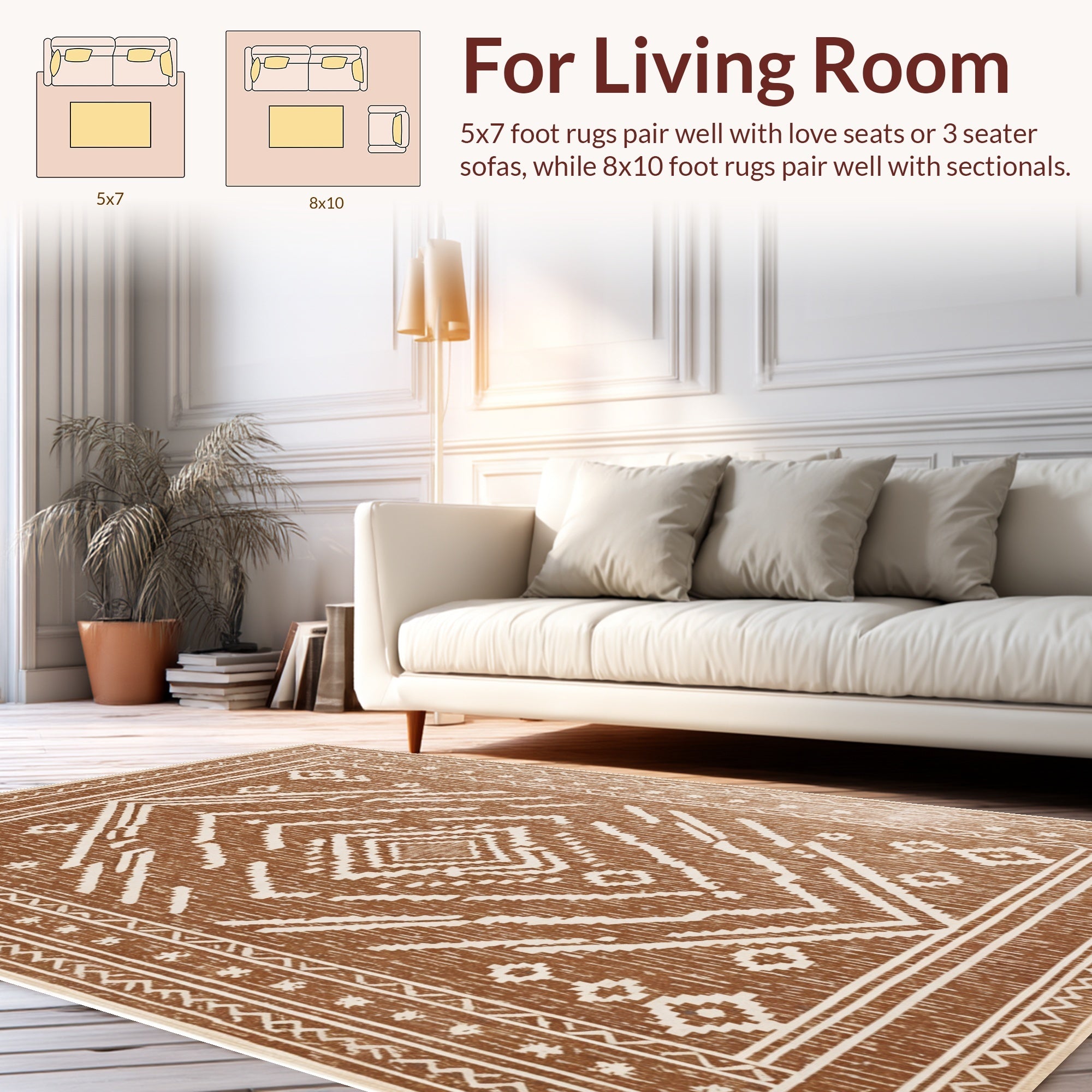 Ultra Soft Area Rug, Non Slip, Stain Resistant, Washable Area Rugs for Living Room, Bedroom, Western Aztec Non-Slip Living Room Rug(Brown) - ODIKA