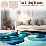 Artistic Shark Themed Carpet with Geometric Ocean Elements and Waves(Blue)