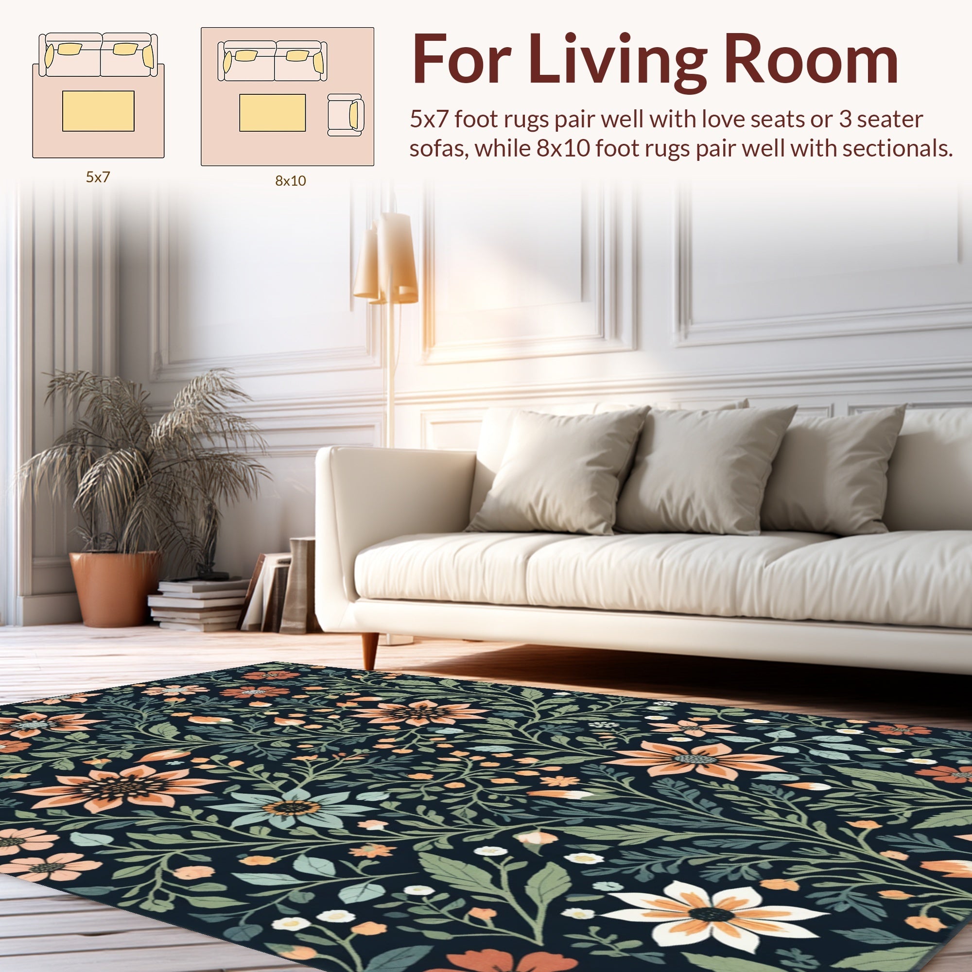 Ultra Soft Area Rug, Non Slip, Stain Resistant, Washable Area Rugs for Living Room, Bedroom, Boho Botanical Non-Slip Living Room(Black) - ODIKA