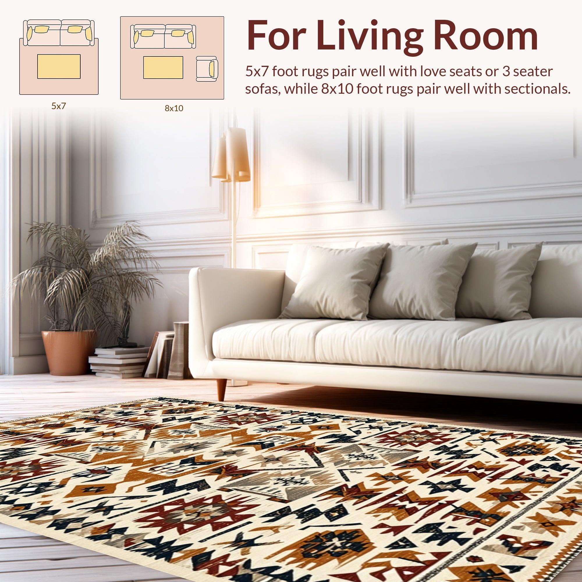 Ultra Soft Area Rug, Non Slip, Stain Resistant, Washable Area Rugs for Living Room, Bedroom, Non-Slip Western Aztec Living Room Rug(Brown) - ODIKA