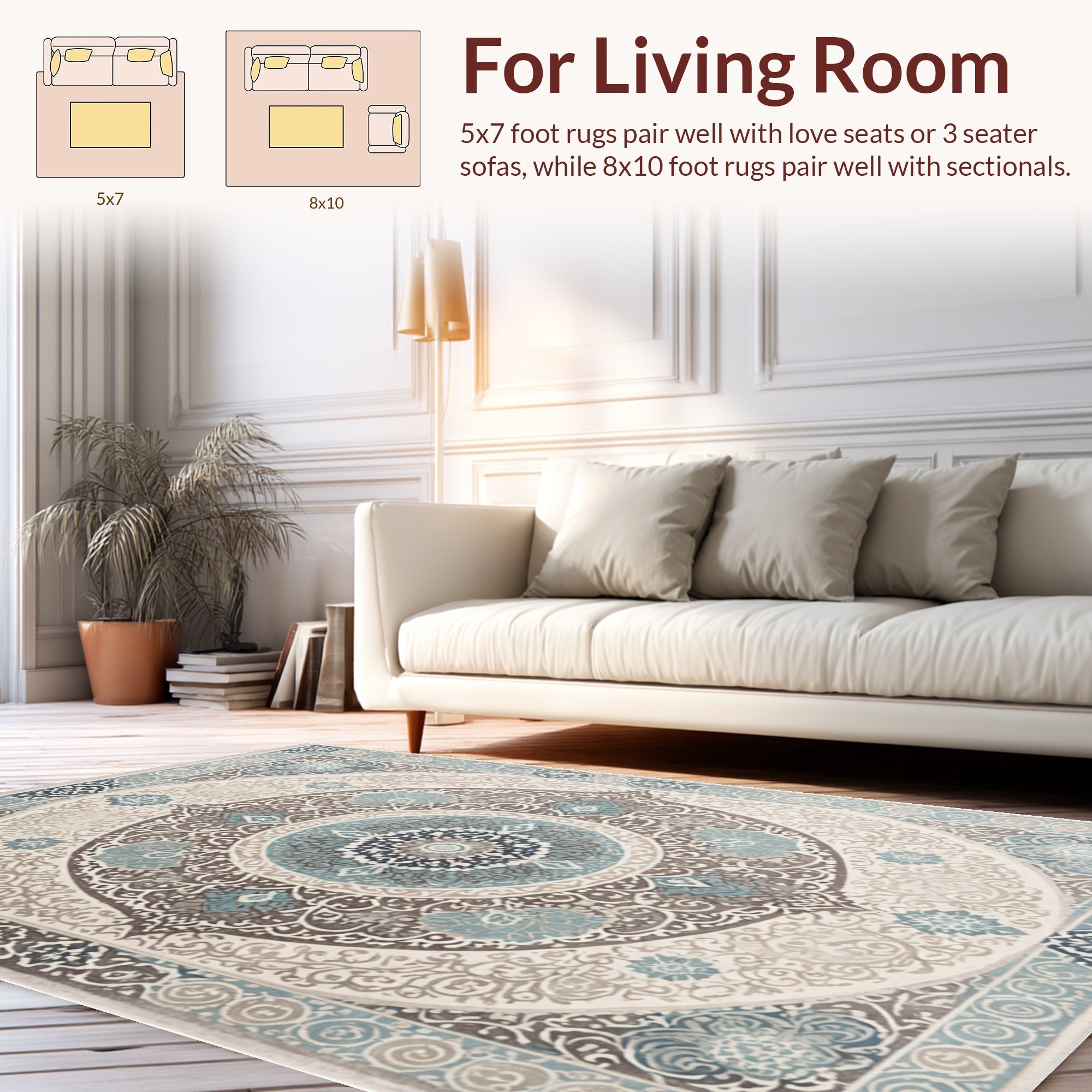 Ultra Soft Area Rug, Non Slip, Stain Resistant, Washable Area Rugs for Living Room, Bedroom, Boho Transitional Damask(Beige) - ODIKA