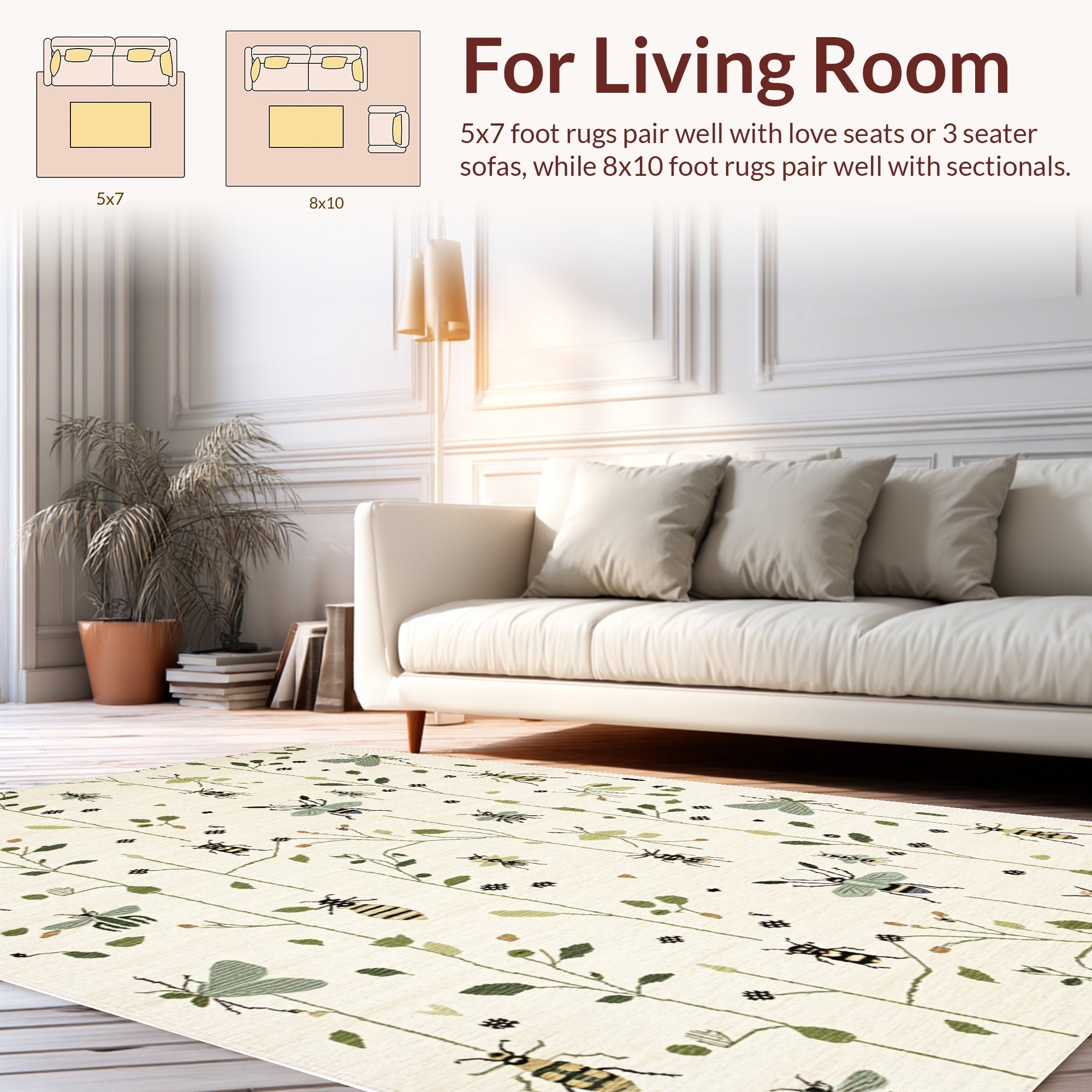 Ultra Soft Area Rug, Non Slip, Stain Resistant, Washable Area Rugs for Living Room, Bedroom, Insect Print Low Pile(Ivory) - ODIKA