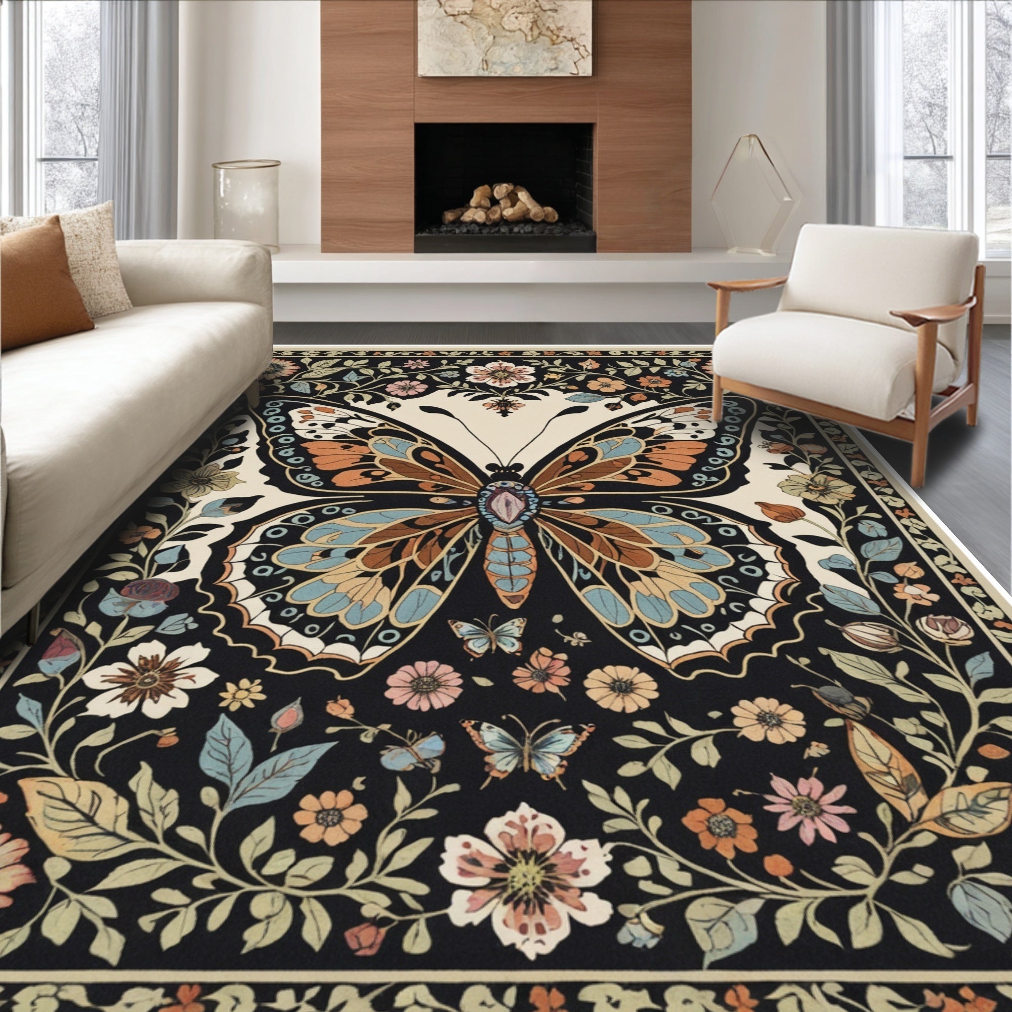 Ultra Soft Area Rug, Non Slip, Stain Resistant, Washable Area Rugs for Living Room, Bedroom, Boho Insect Print Non-Slip Playroom(Black) - ODIKA
