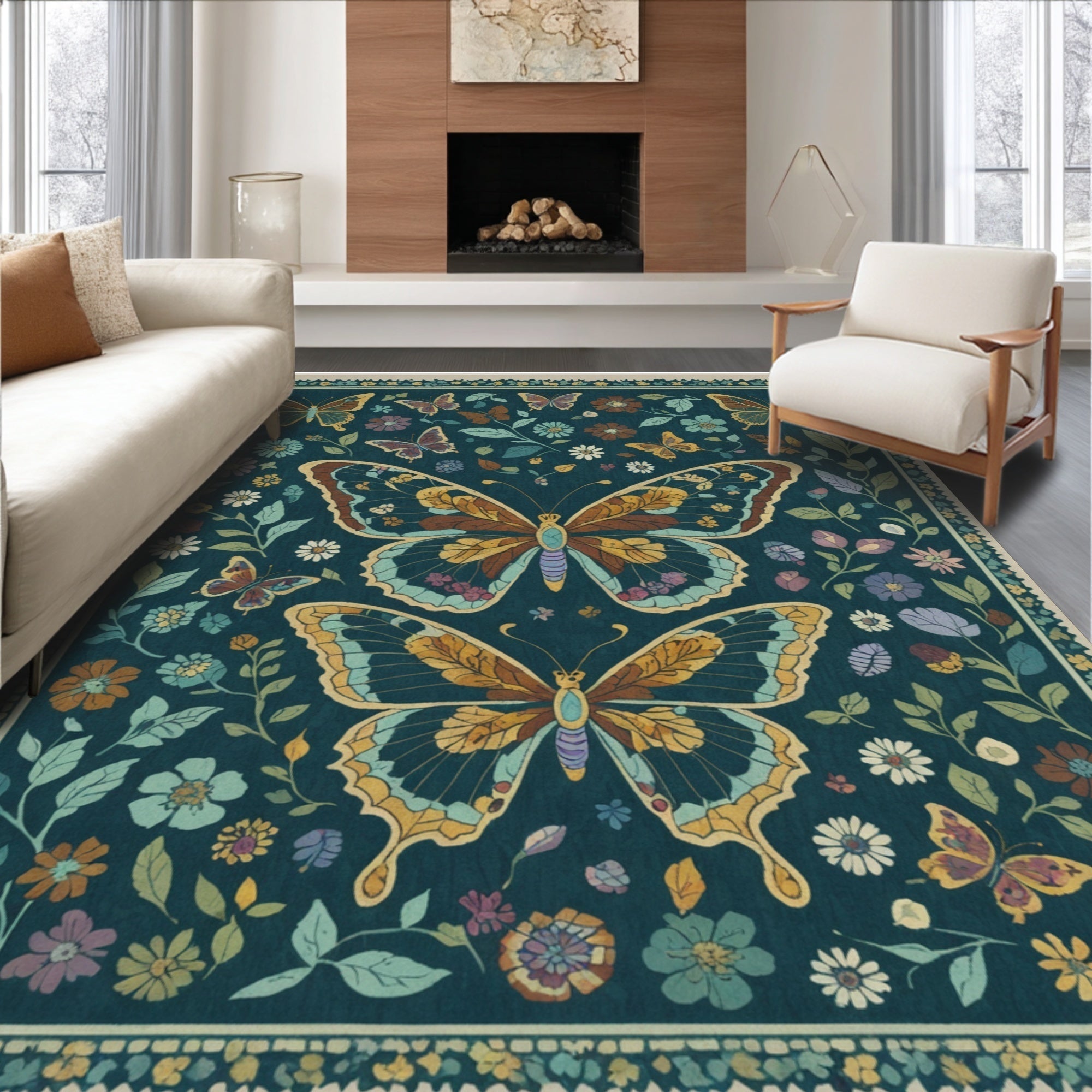Ultra Soft Area Rug, Non Slip, Stain Resistant, Washable Area Rugs for Living Room, Bedroom, Butterfly Insect Print(Green) - ODIKA