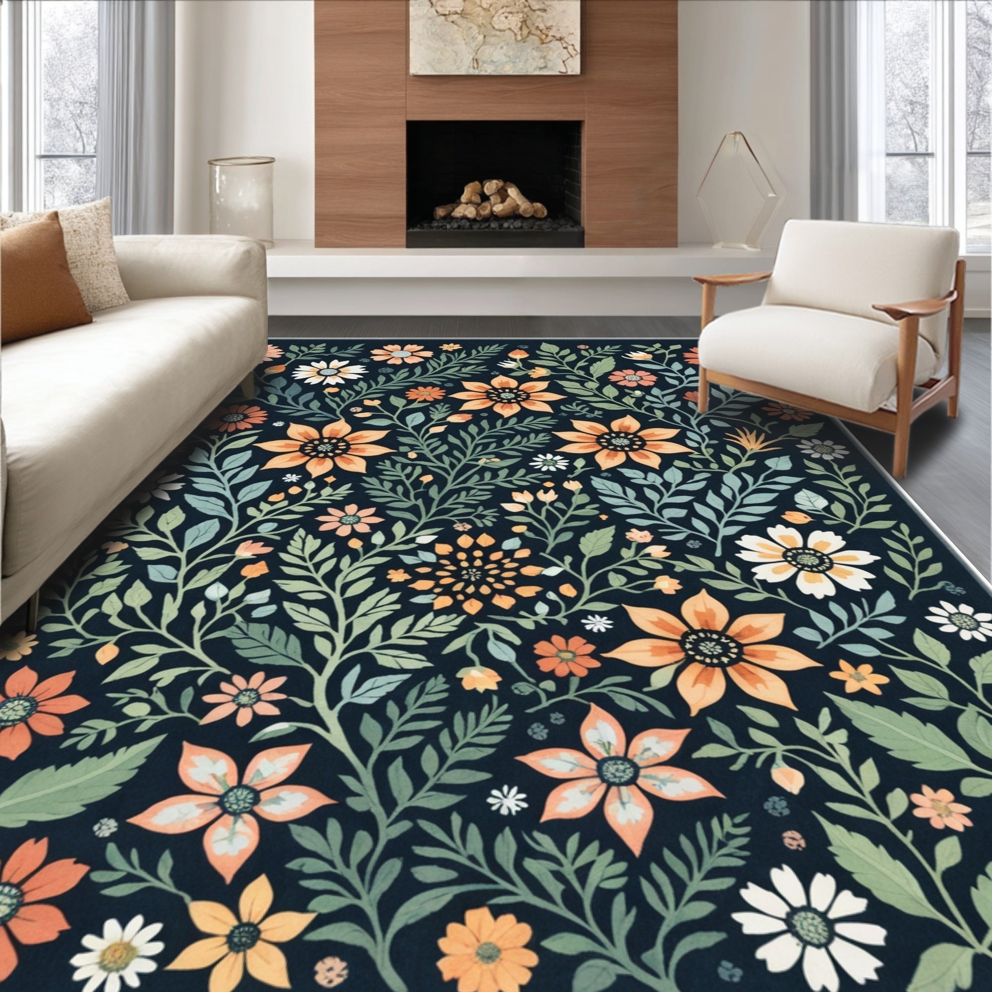 Ultra Soft Area Rug, Non Slip, Stain Resistant, Washable Area Rugs for Living Room, Bedroom, Boho Botanical Non-Slip Dining Room(Black) - ODIKA