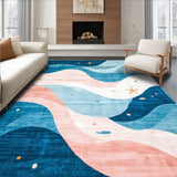Marine Life Abstract Carpet with Soft Pastel Waves and Sea Creature Shapes(Blue)