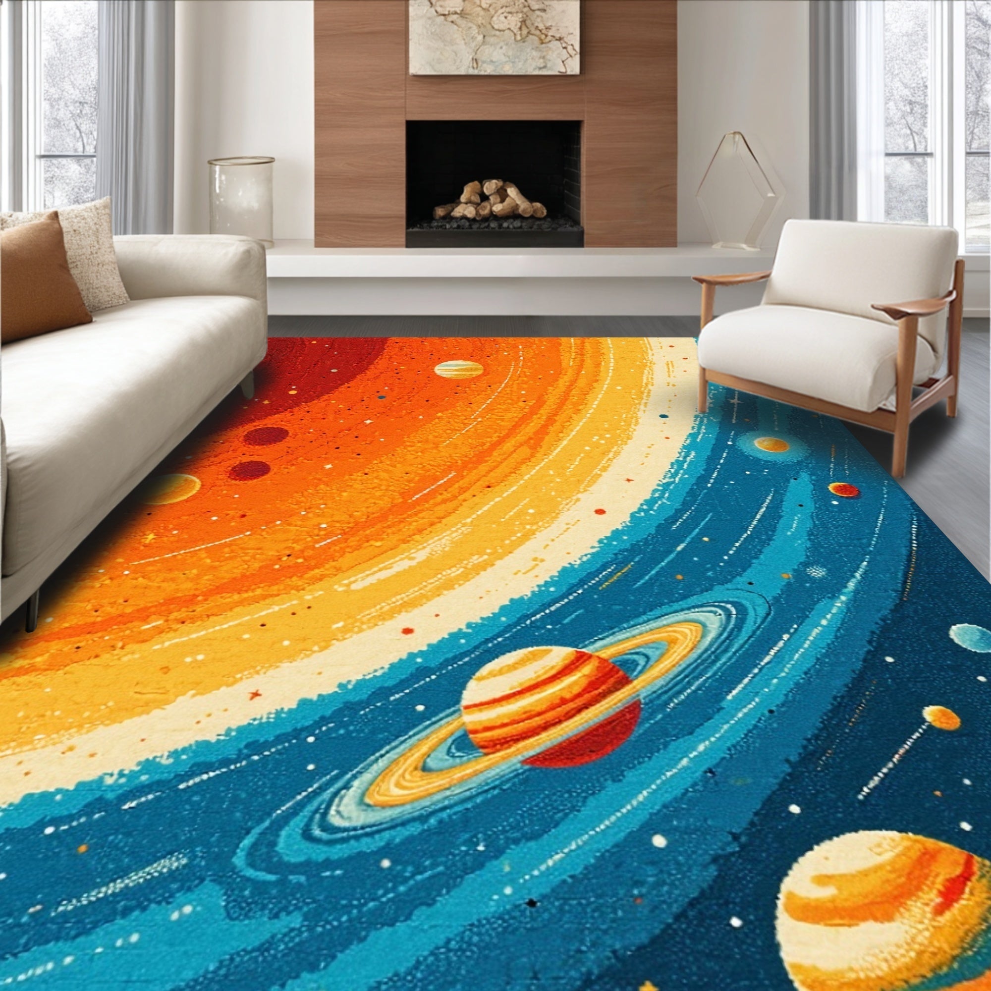 Ultra Soft Area Rug, Non Slip, Stain Resistant, Washable Area Rugs for Living Room, Bedroom, Solar System Kids Learning(Orange) - ODIKA
