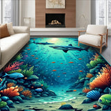 Nautical Shark Design Area Rug with Intricate Ocean Life Patterns(Blue)