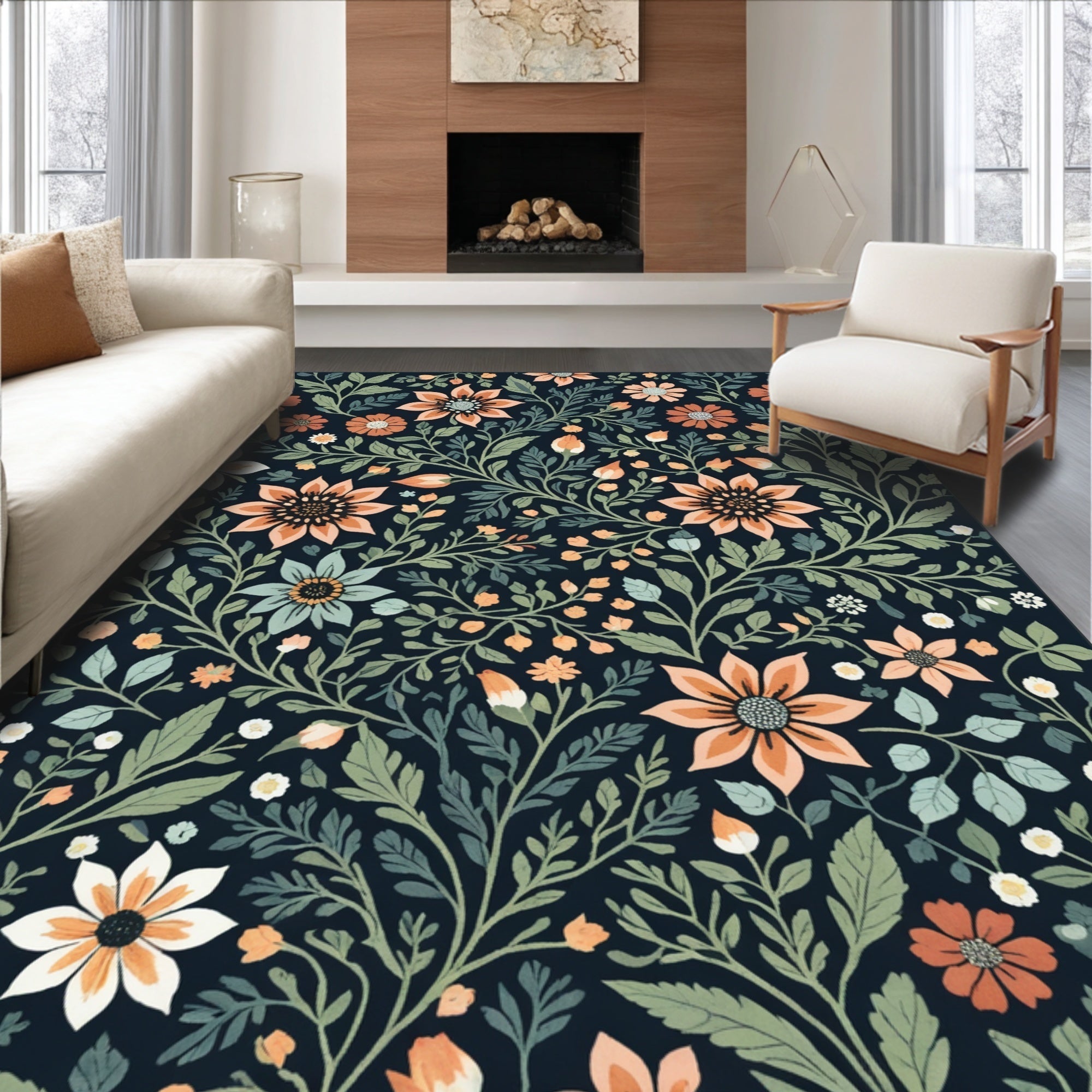 Ultra Soft Area Rug, Non Slip, Stain Resistant, Washable Area Rugs for Living Room, Bedroom, Boho Botanical Non-Slip Living Room(Black) - ODIKA