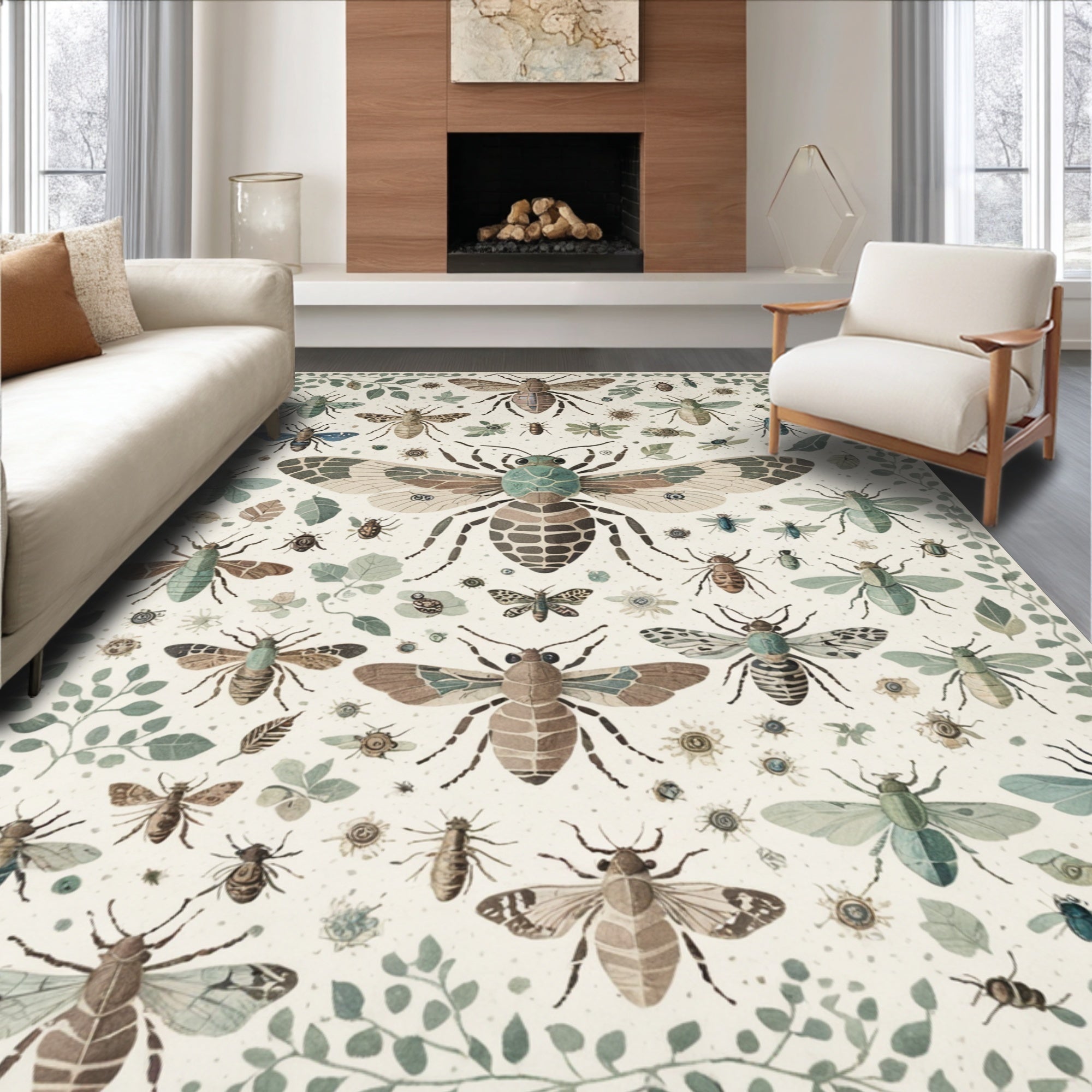 Ultra Soft Area Rug, Non Slip, Stain Resistant, Washable Area Rugs for Living Room, Bedroom, Modern Insect Print Stain Resistant Rug(Ivory) - ODIKA