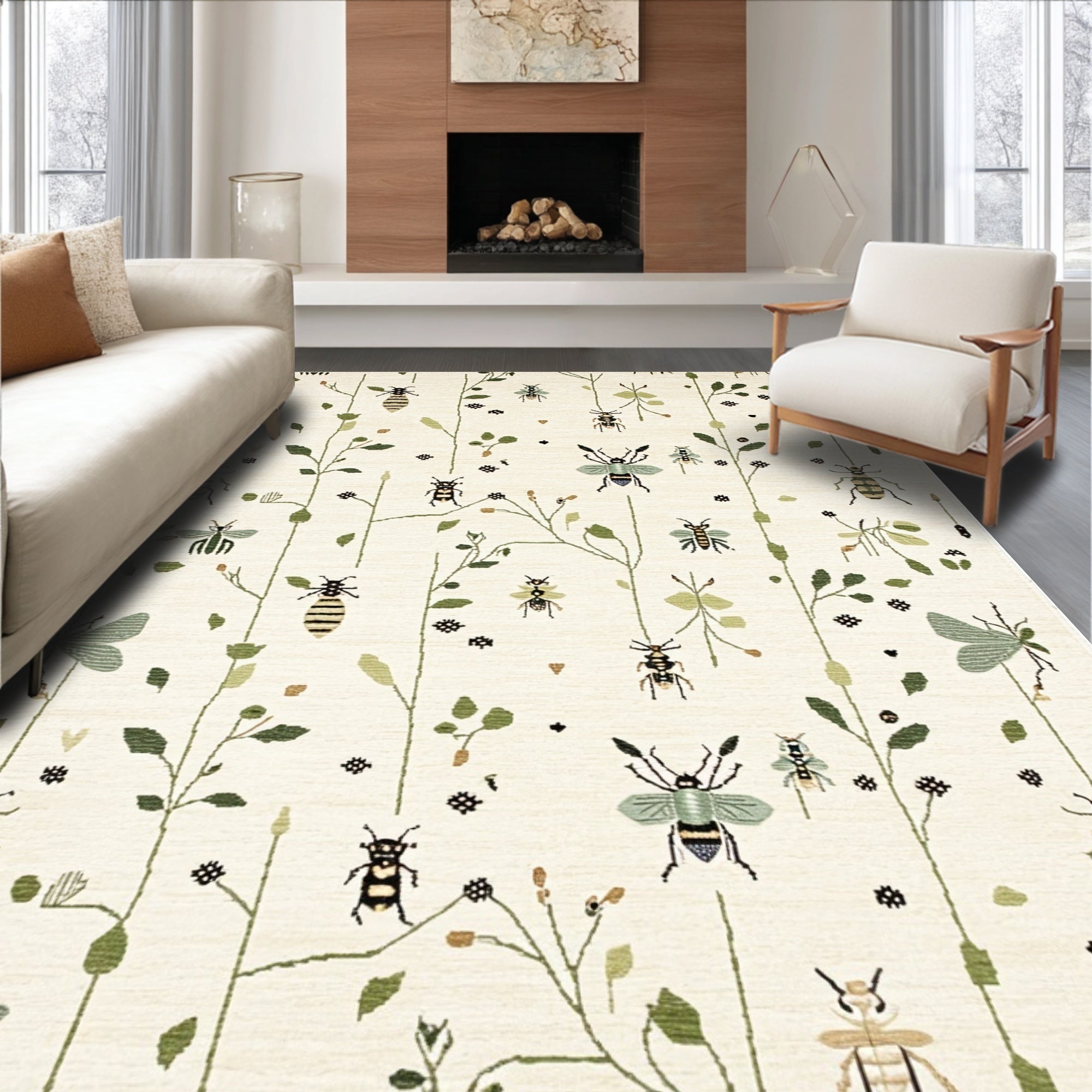 Ultra Soft Area Rug, Non Slip, Stain Resistant, Washable Area Rugs for Living Room, Bedroom, Insect Print Low Pile(Ivory) - ODIKA