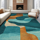 Artistic Abstract Area Rug With Deep Teal And Burnt Orange Flowing Design(Blue)