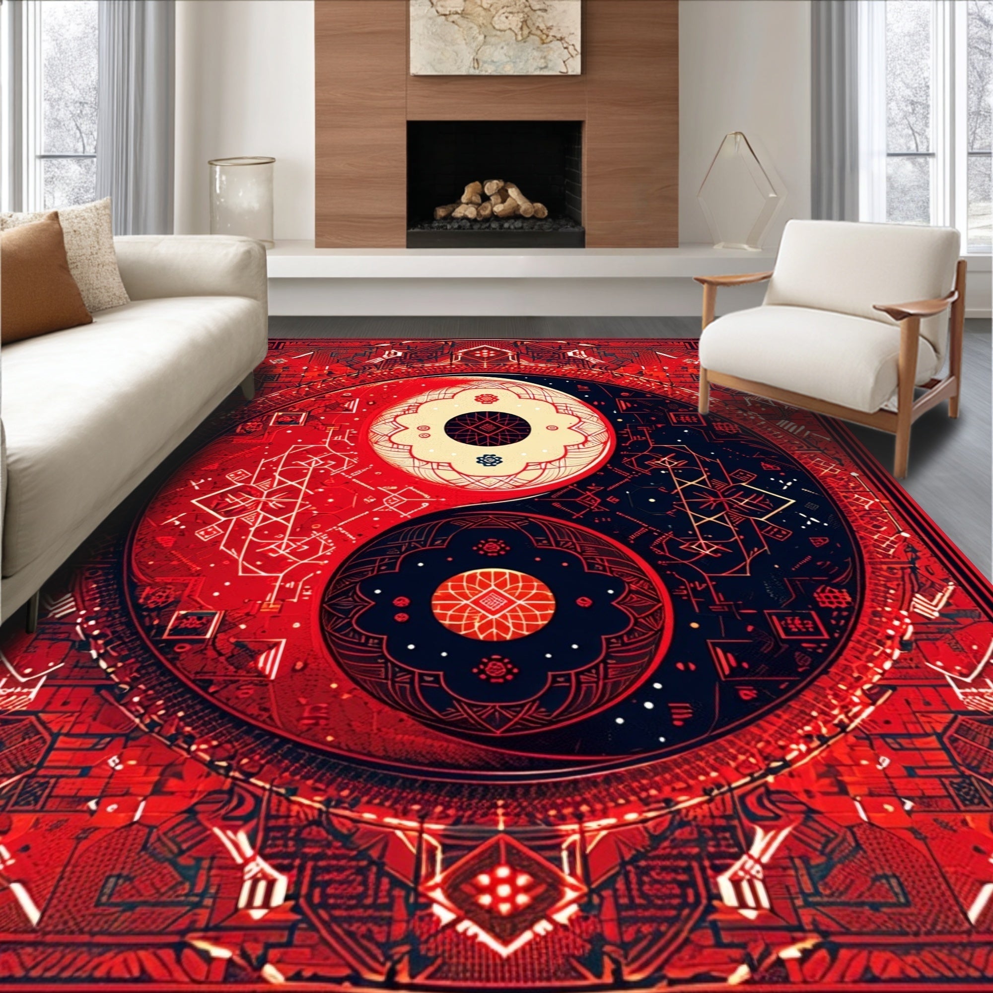 Ultra Soft Area Rug, Non Slip, Stain Resistant, Washable Area Rugs for Living Room, Bedroom, Soft Non-Slip Yin Yang Meditation Rug(Red) - ODIKA