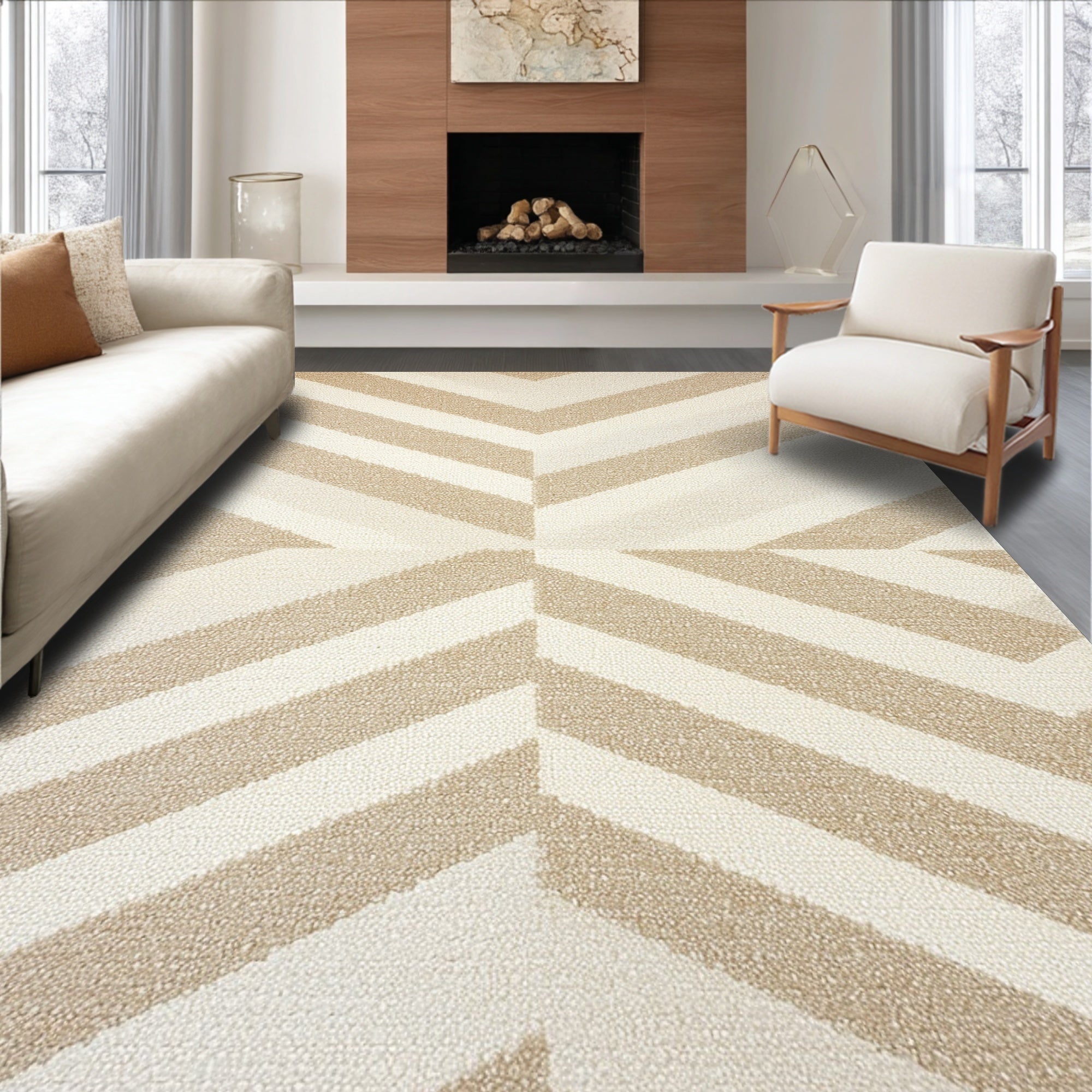 Ultra Soft Area Rug, Non Slip, Stain Resistant, Washable Area Rugs for Living Room, Bedroom, Handmade Chevron Wool(Beige) - ODIKA