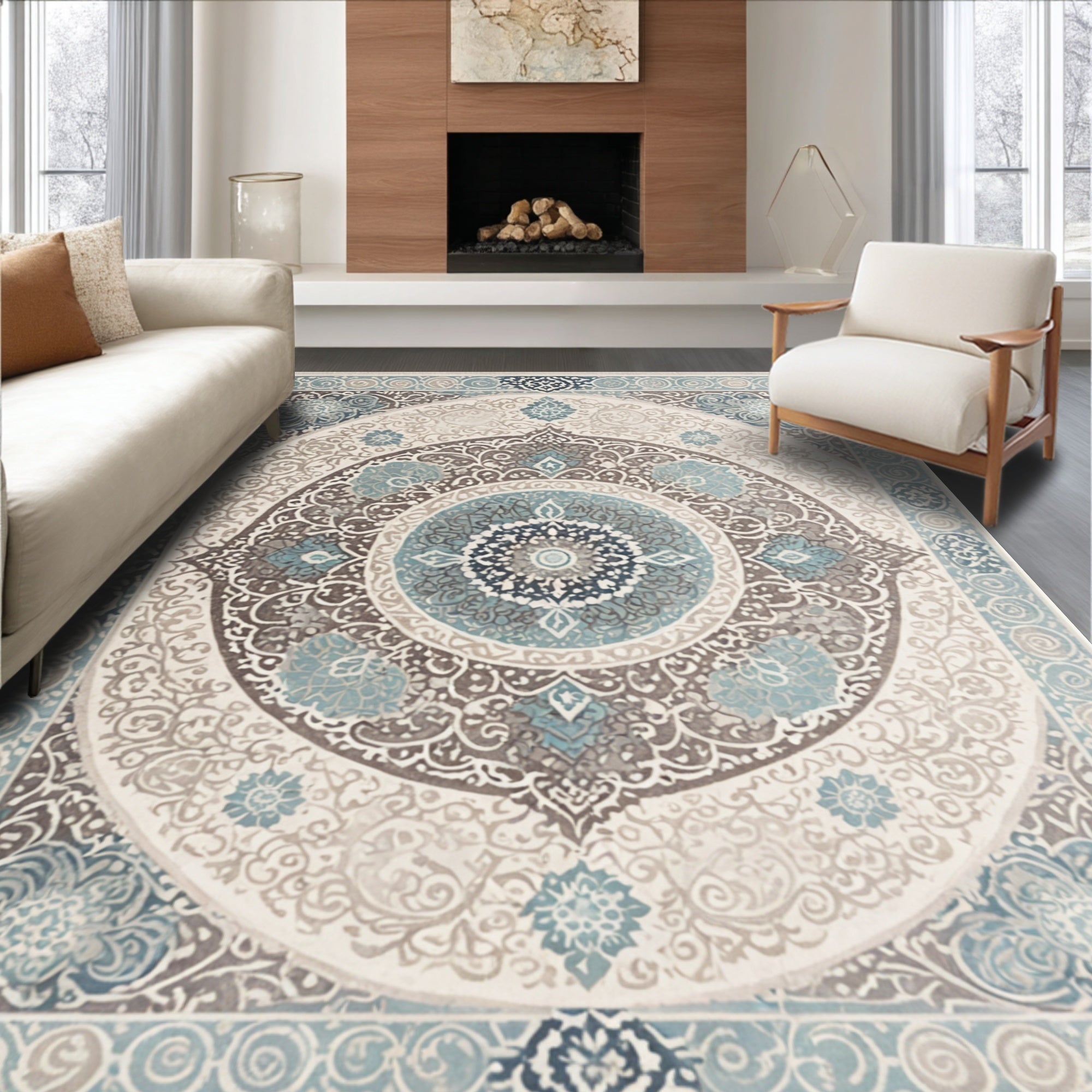 Ultra Soft Area Rug, Non Slip, Stain Resistant, Washable Area Rugs for Living Room, Bedroom, Boho Transitional Damask(Beige) - ODIKA