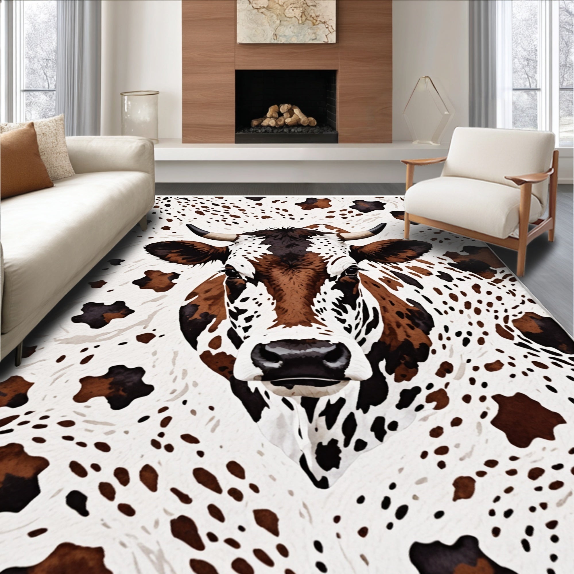 Ultra Soft Area Rug, Non Slip, Stain Resistant, Washable Area Rugs for Living Room, Bedroom, Non-Slip Cow Print Western Decor(White) - ODIKA