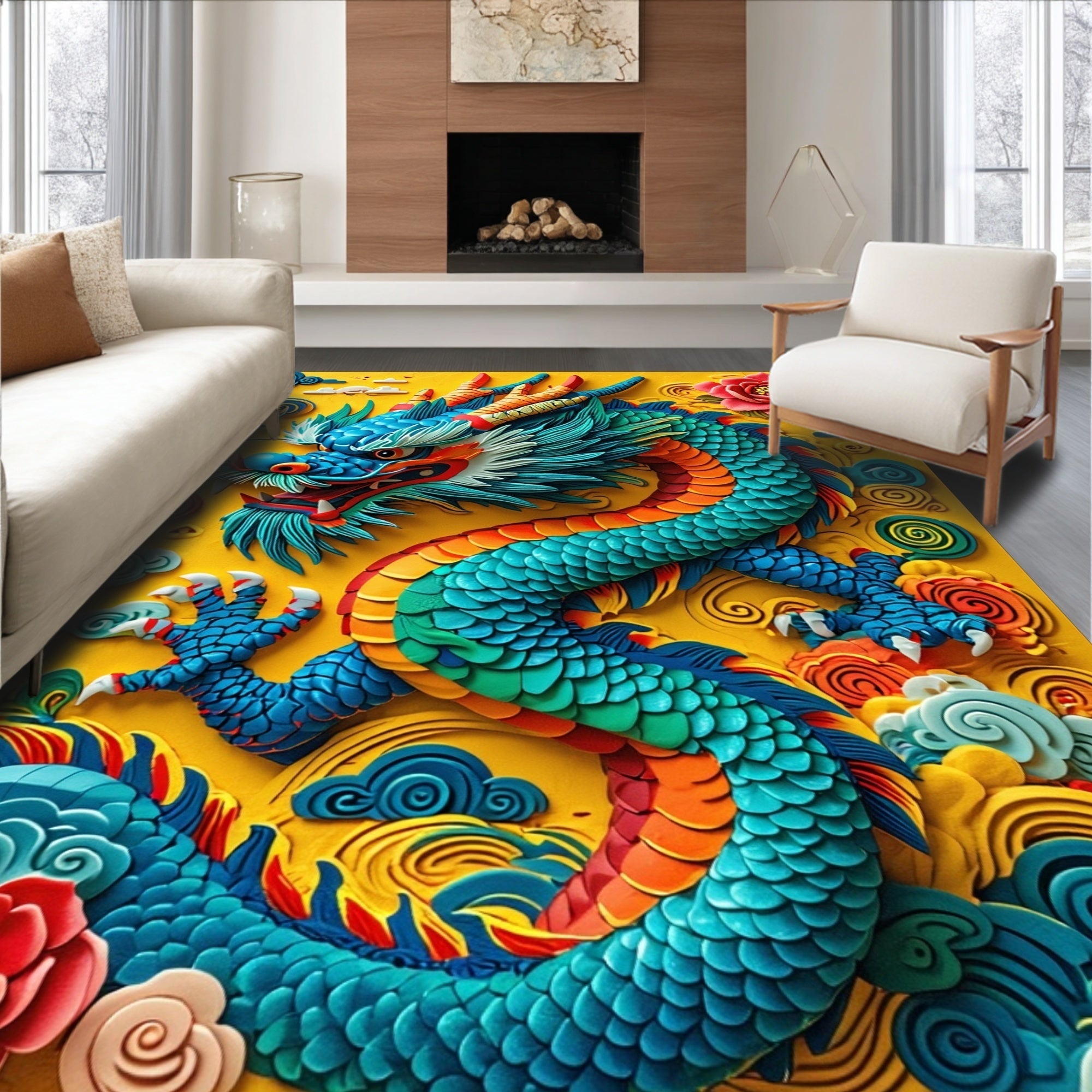Ultra Soft Area Rug, Non Slip, Stain Resistant, Washable Area Rugs for Living Room, Bedroom, Fantasy Dragon Castle(Yellow) - ODIKA
