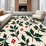 Merry Holly Berry Botanical Christmas Floor Covering with Leaf Accents(Ivory)