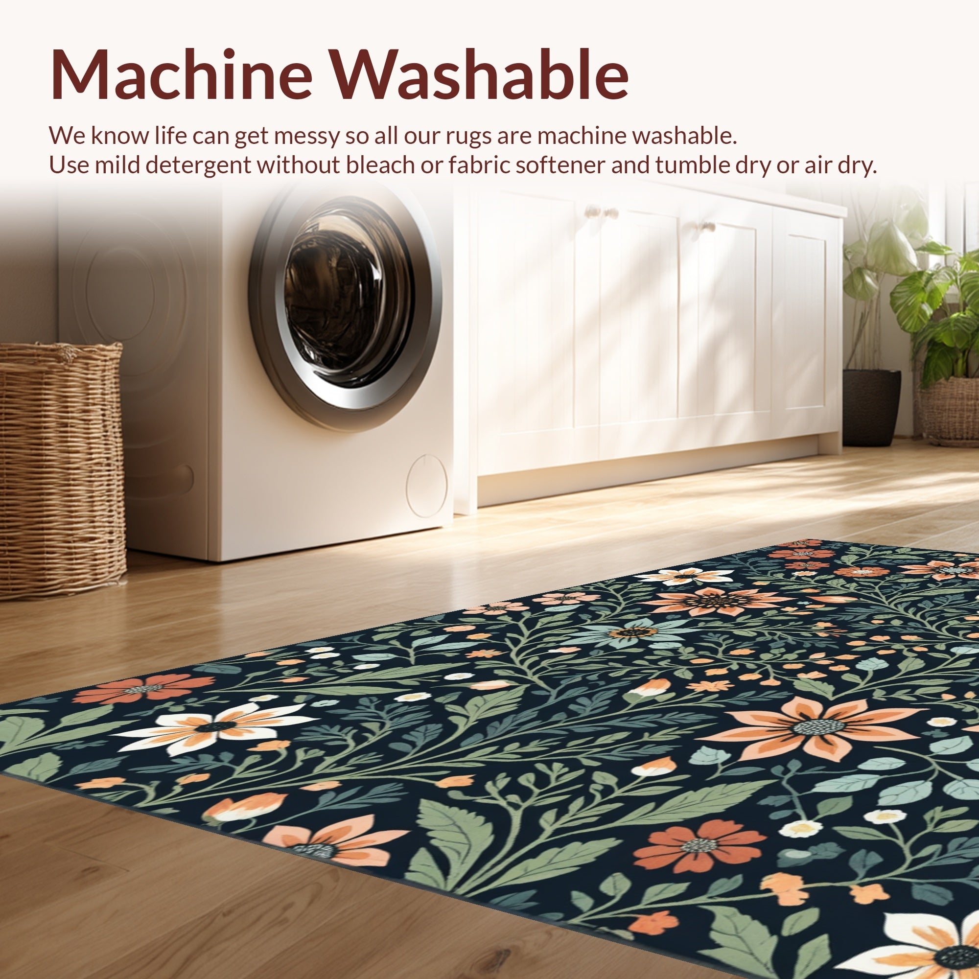 Ultra Soft Area Rug, Non Slip, Stain Resistant, Washable Area Rugs for Living Room, Bedroom, Boho Botanical Non-Slip Living Room(Black) - ODIKA