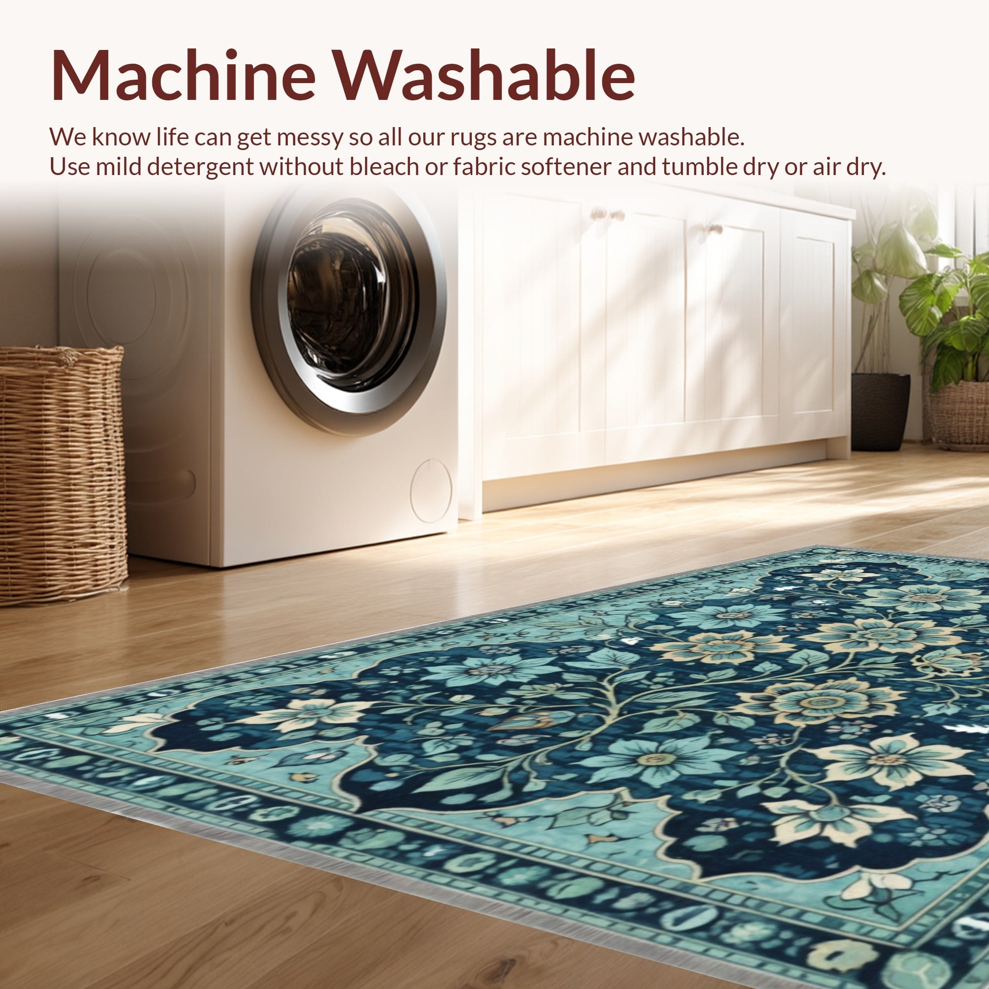 Ultra Soft Area Rug, Non Slip, Stain Resistant, Washable Area Rugs for Living Room, Bedroom, Vintage Floral Non-Slip Living Room(Blue) - ODIKA