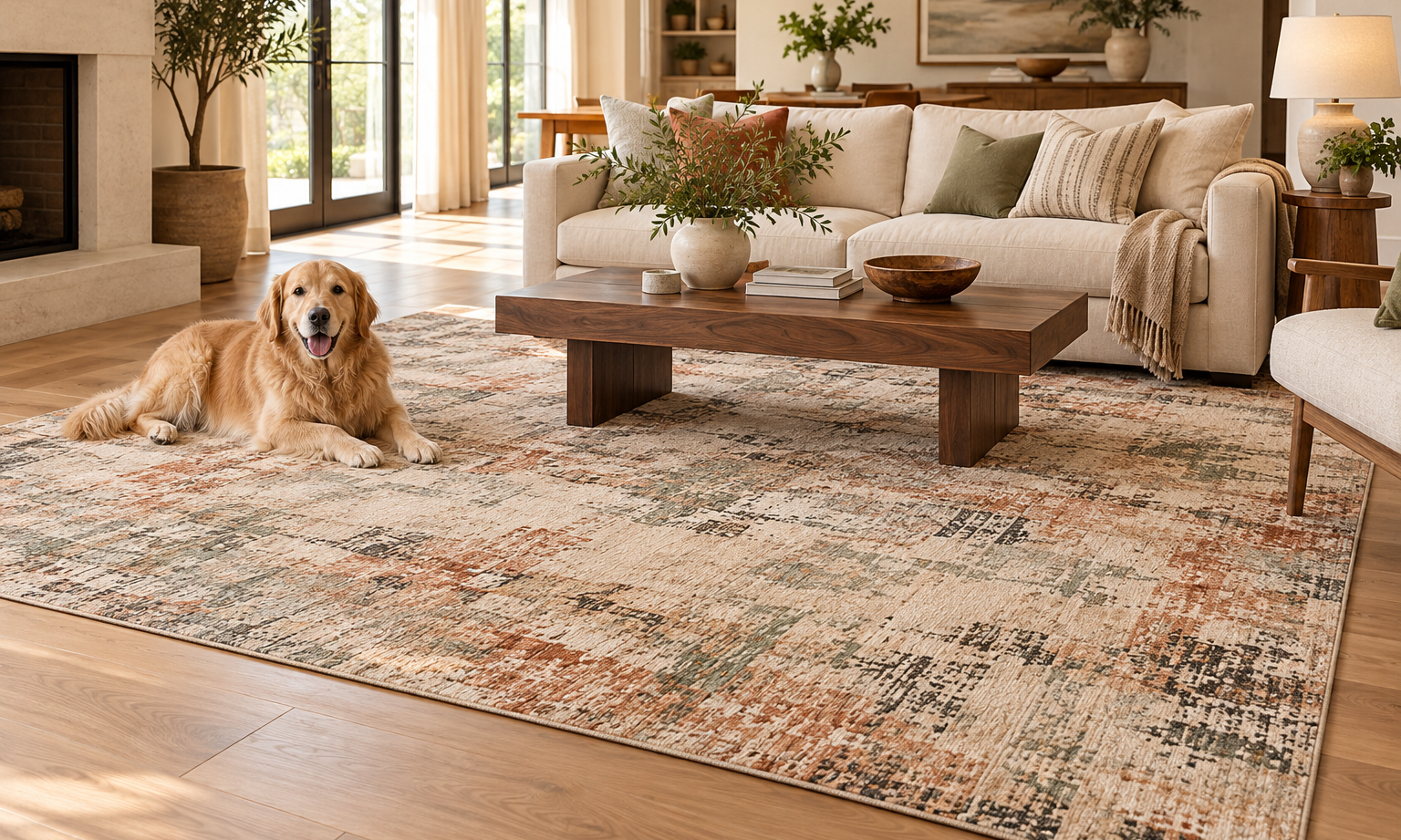 Washable low-profile area rug in a pet-friendly living room