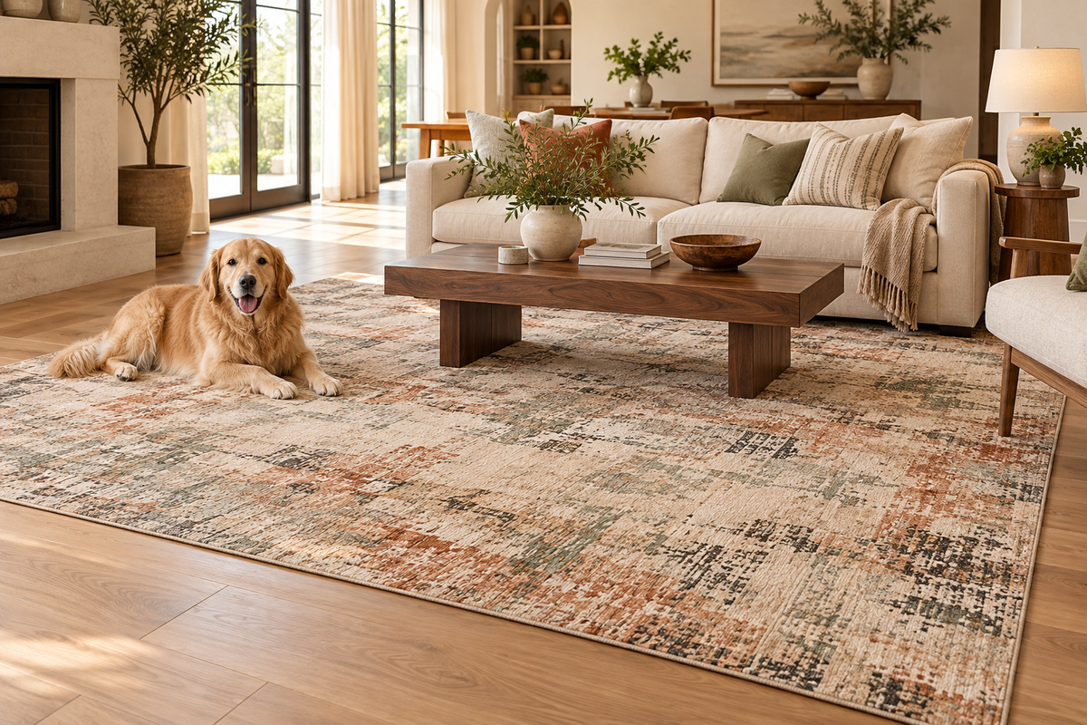 Washable low-profile area rug in a pet-friendly living room
